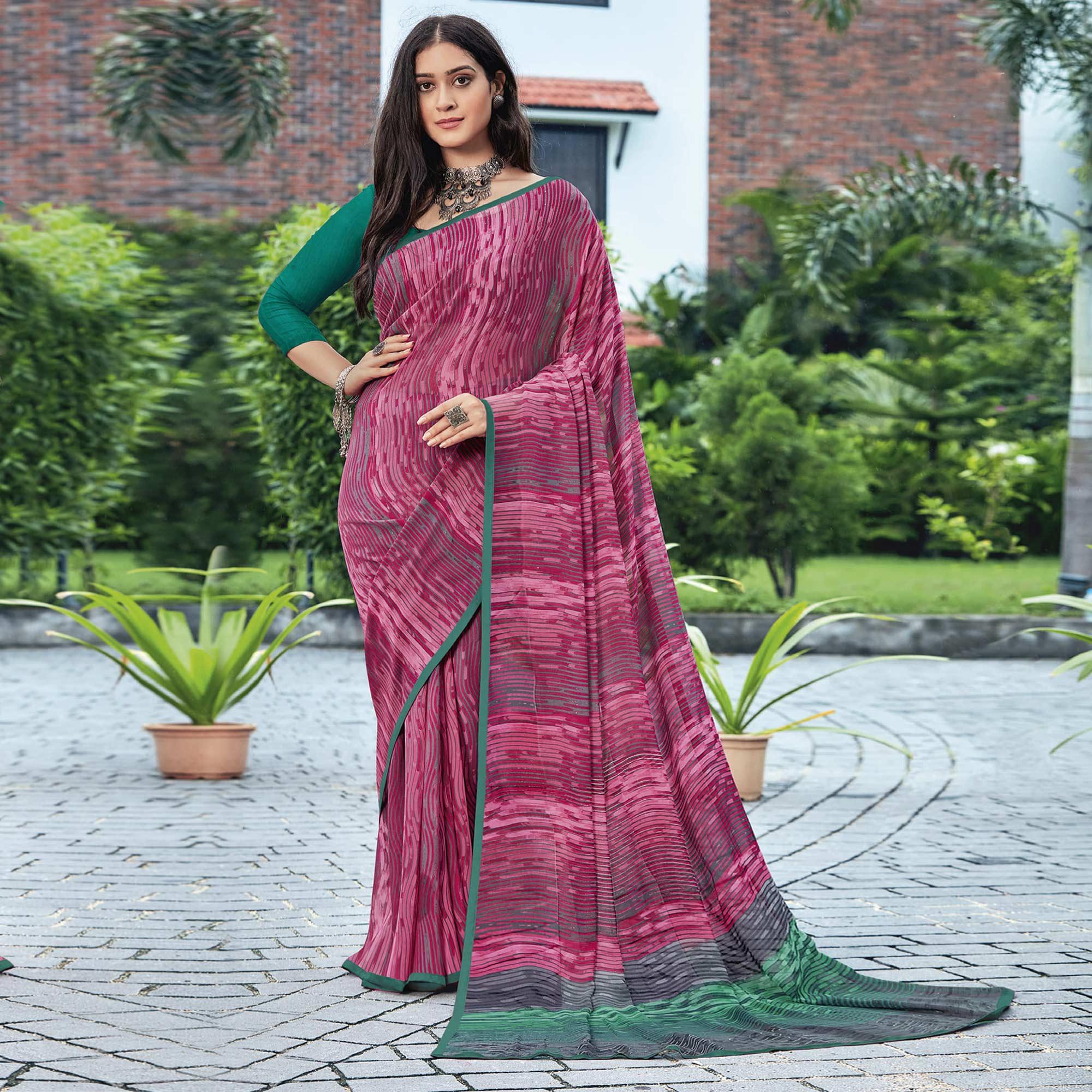 Gajari Pink Casual Wear Striped Printed Georgette Saree - Peachmode