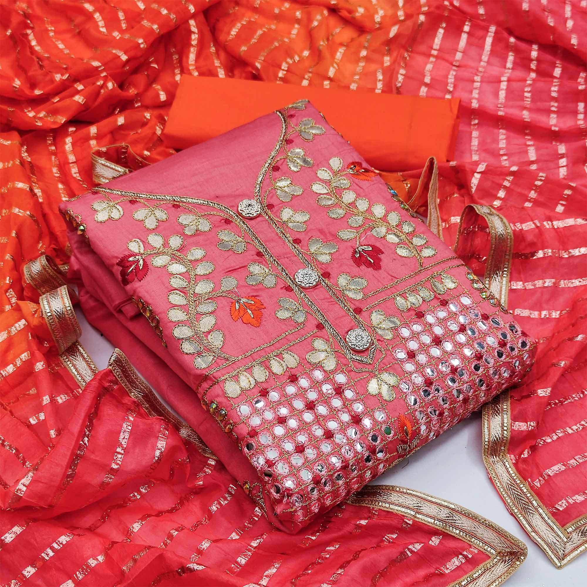 Gajari Pink Festive Wear Gotta Plus Handwork Cotton Dress Material - Peachmode