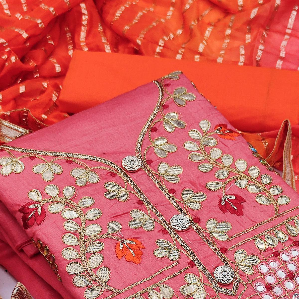 Gajari Pink Festive Wear Gotta Plus Handwork Cotton Dress Material - Peachmode