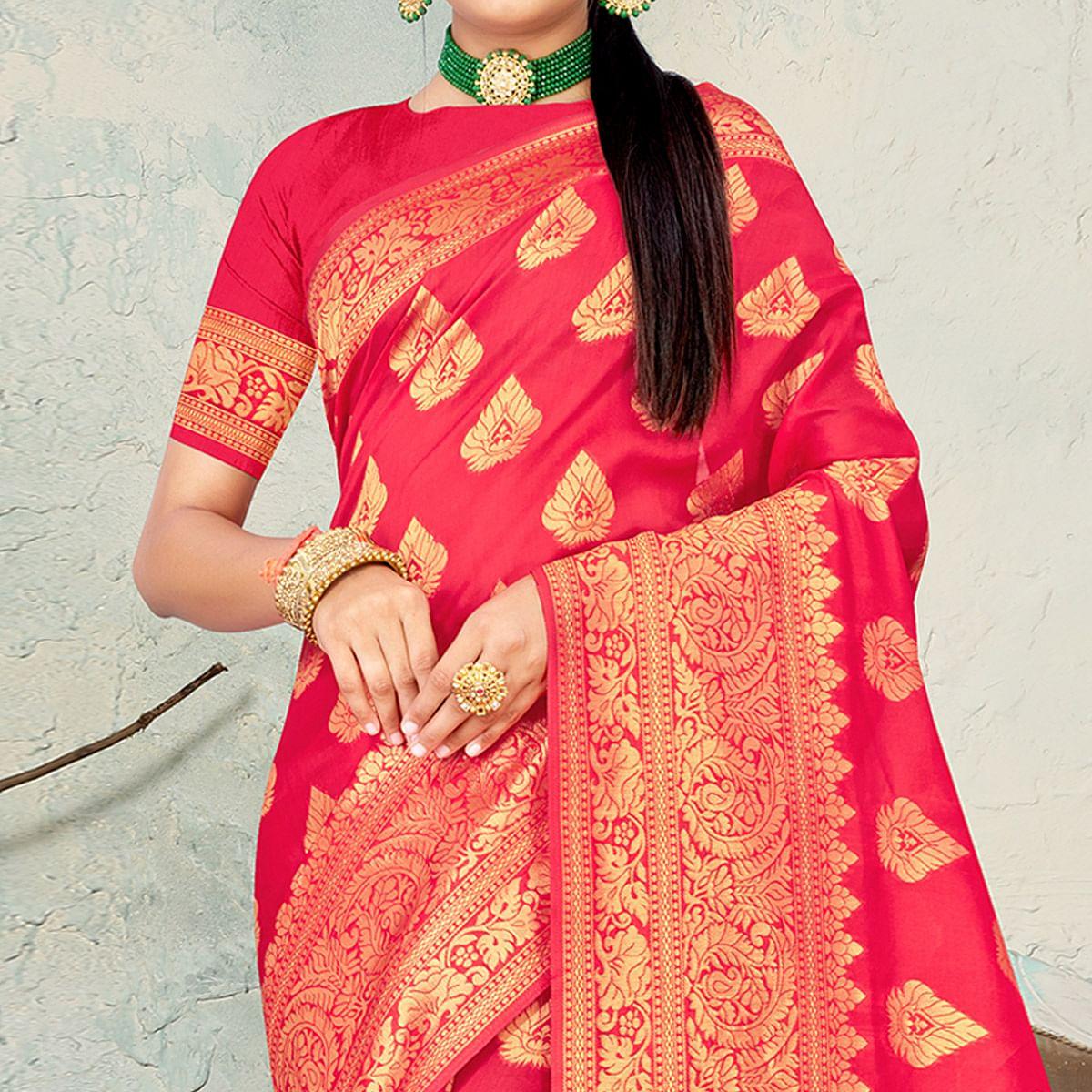 Gajari Pink Festive Wear Woven Banarasi Silk Saree - Peachmode