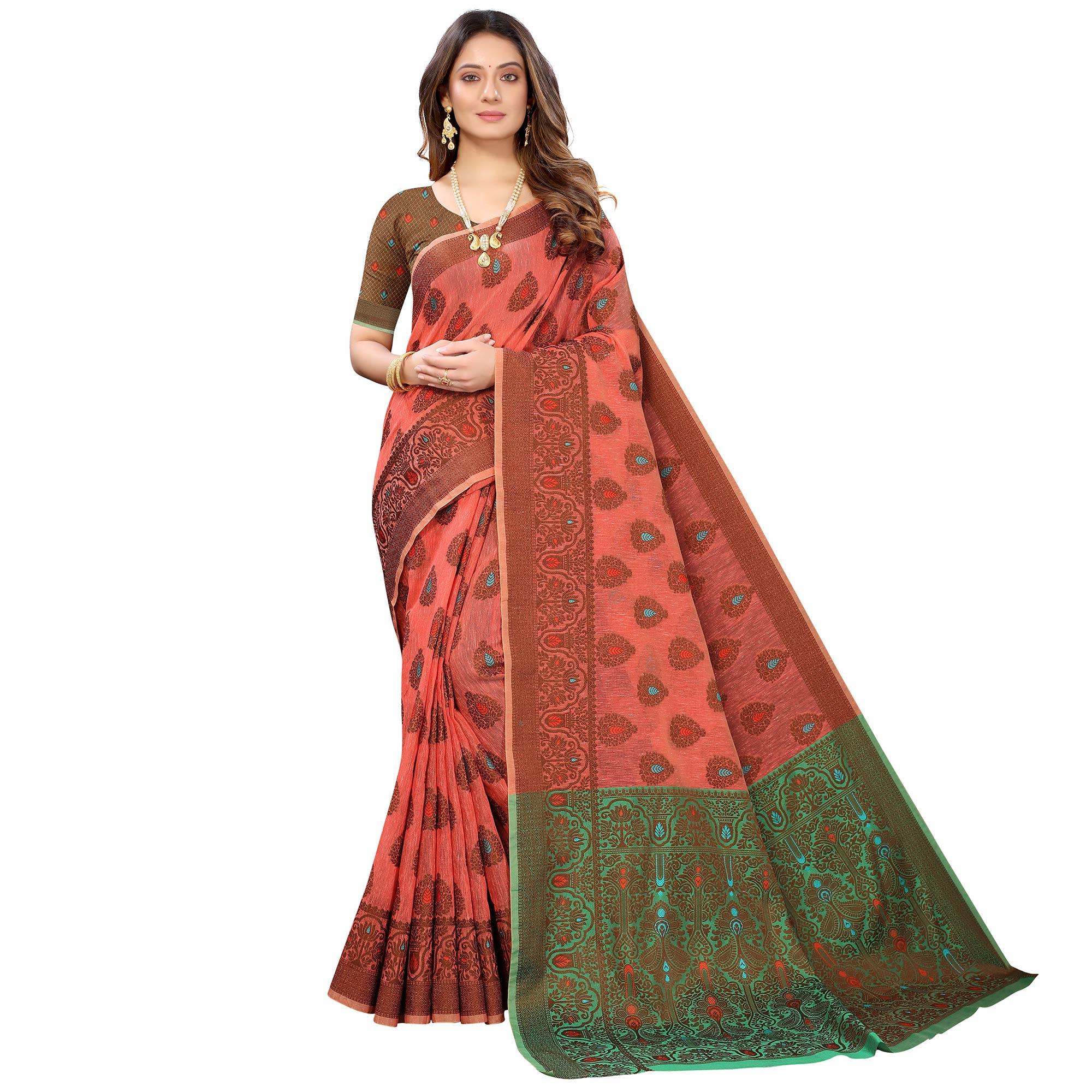 Gajari Pink Festive Wear Woven With Meena Butta Rich Pallu Cotton Saree - Peachmode