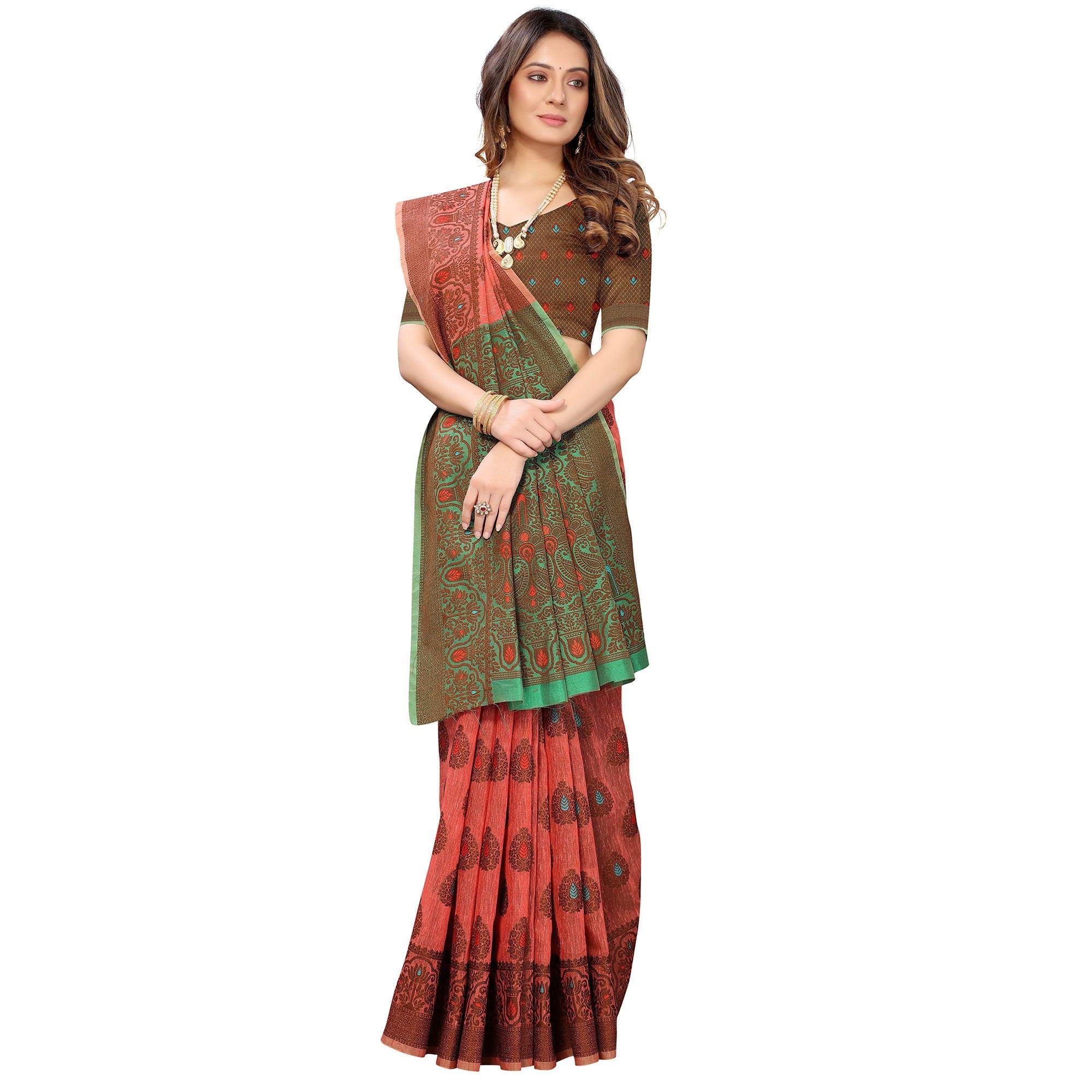 Gajari Pink Festive Wear Woven With Meena Butta Rich Pallu Cotton Saree - Peachmode