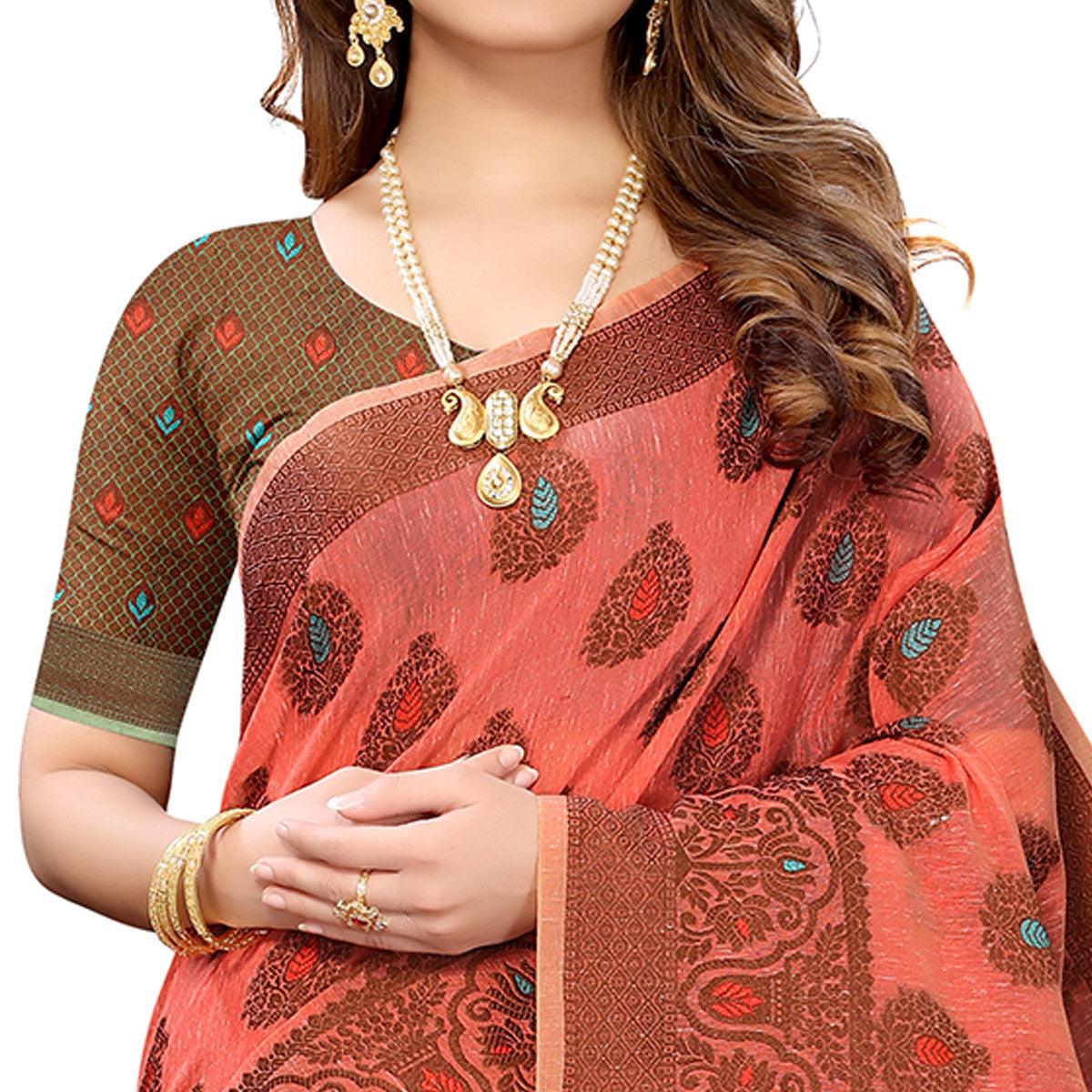 Gajari Pink Festive Wear Woven With Meena Butta Rich Pallu Cotton Saree - Peachmode