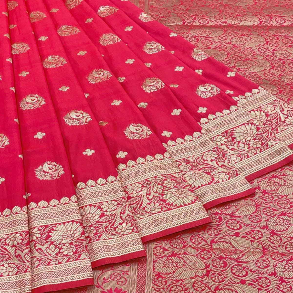 Gajari Pink Floral Zari Woven Art Silk Saree - Peachmode