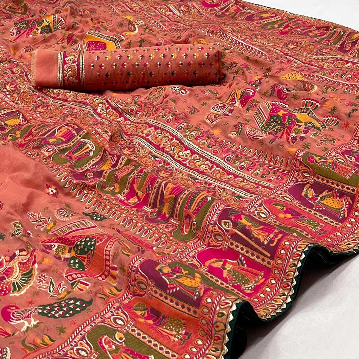 Gajari Pink Kalamkari Woven Chanderi Saree - Peachmode