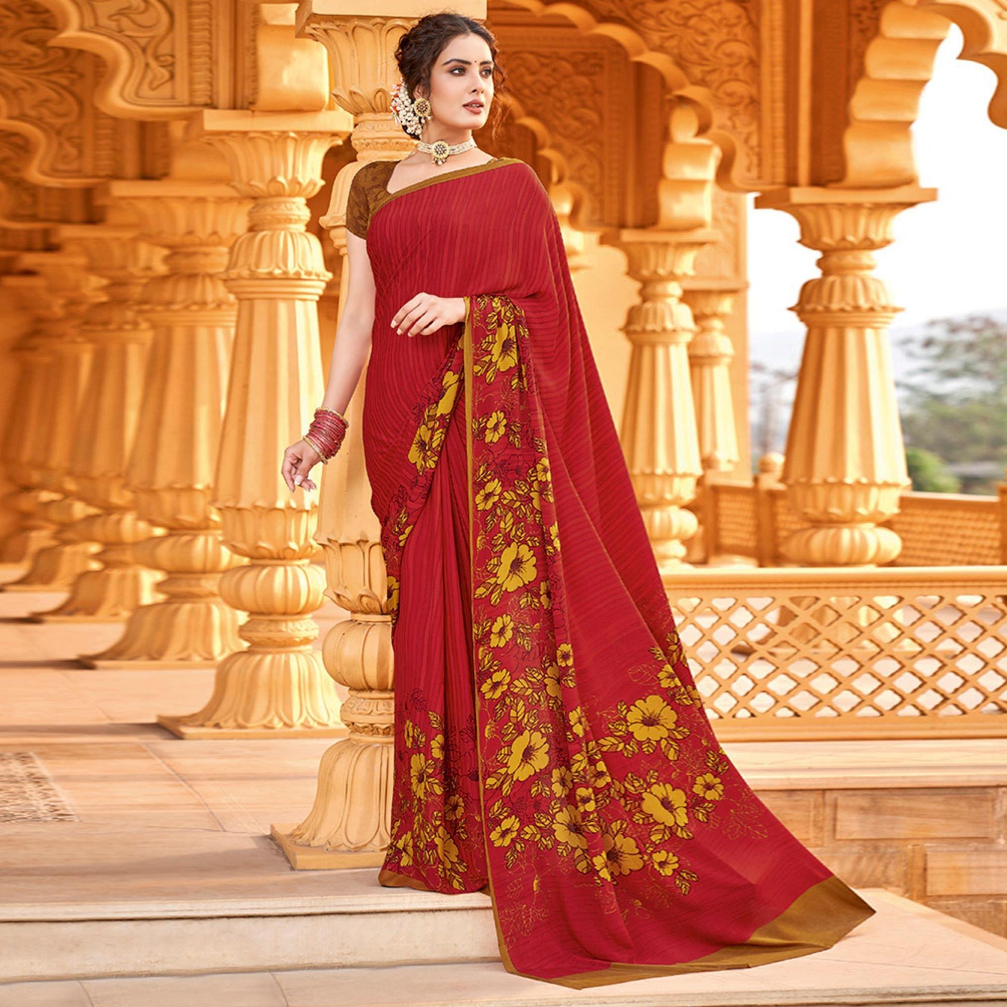 Gajari Pink Printed Crepe Saree - Peachmode