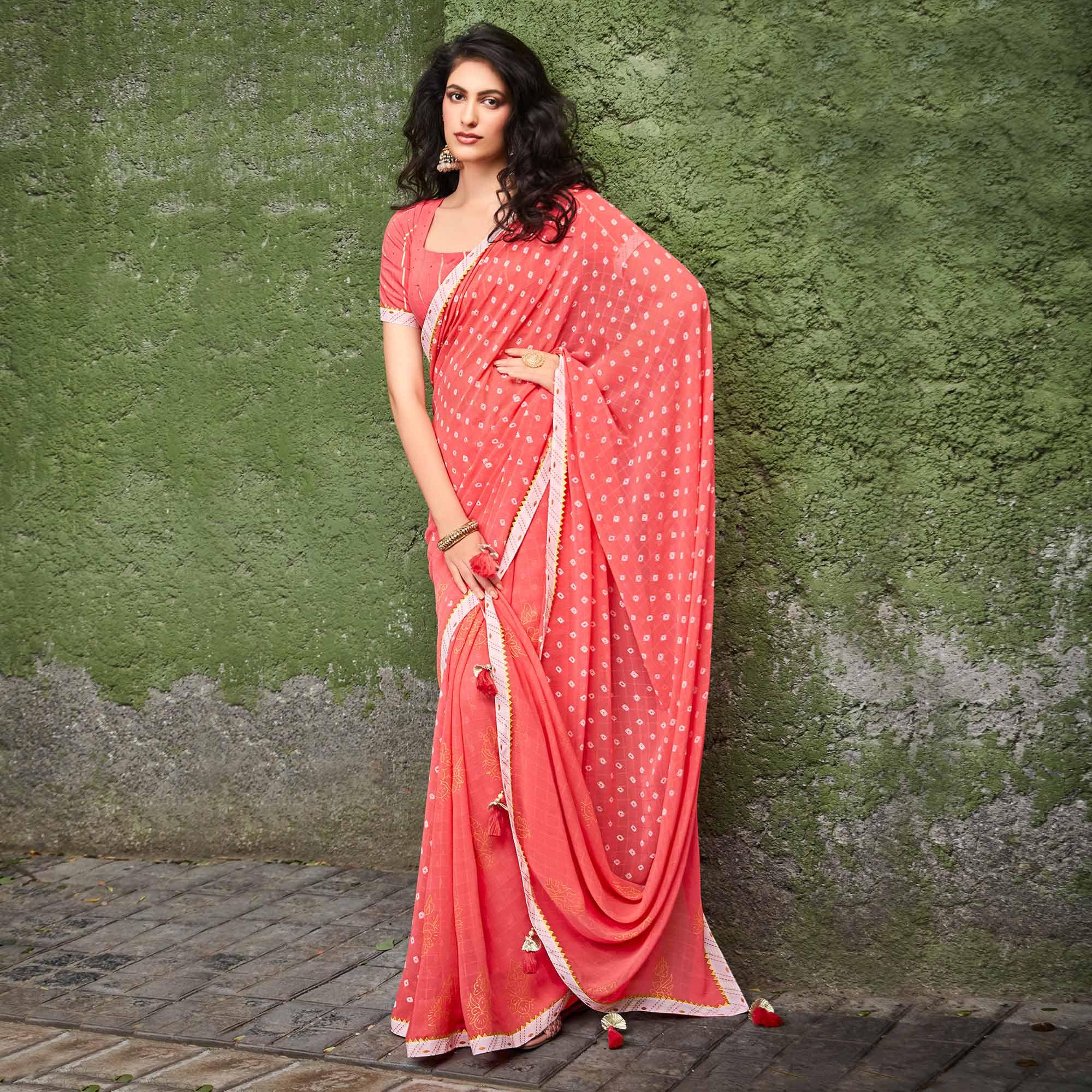 Gajari Pink Printed With Gota Patti Border Georgette Saree - Peachmode