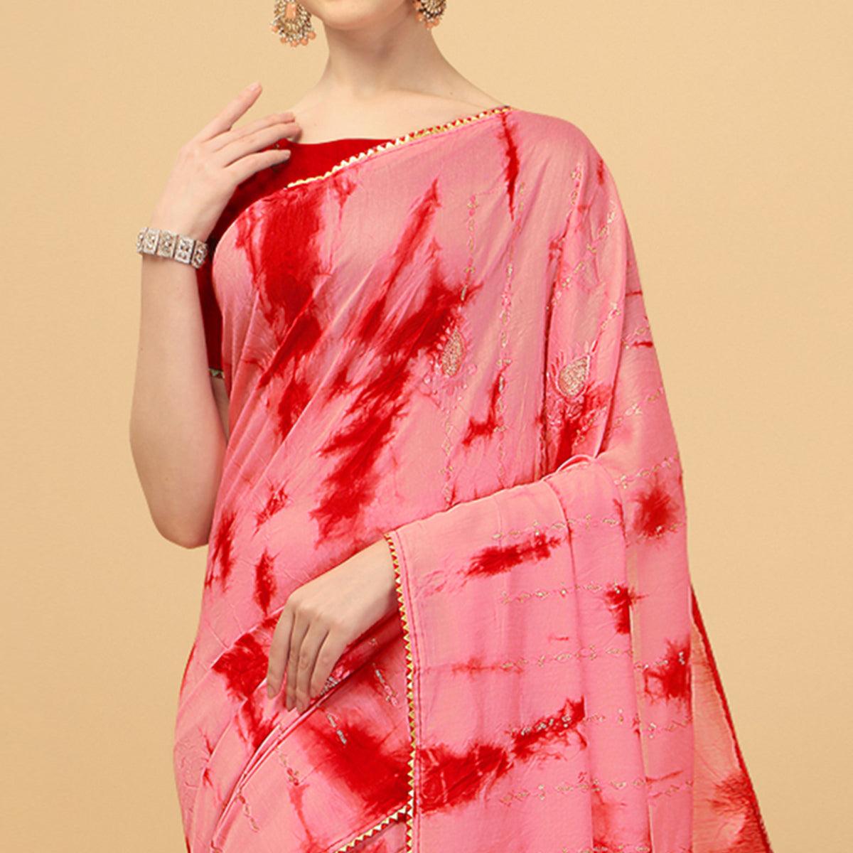Gajari Pink Sequence Embroidered Chanderi Saree - Peachmode