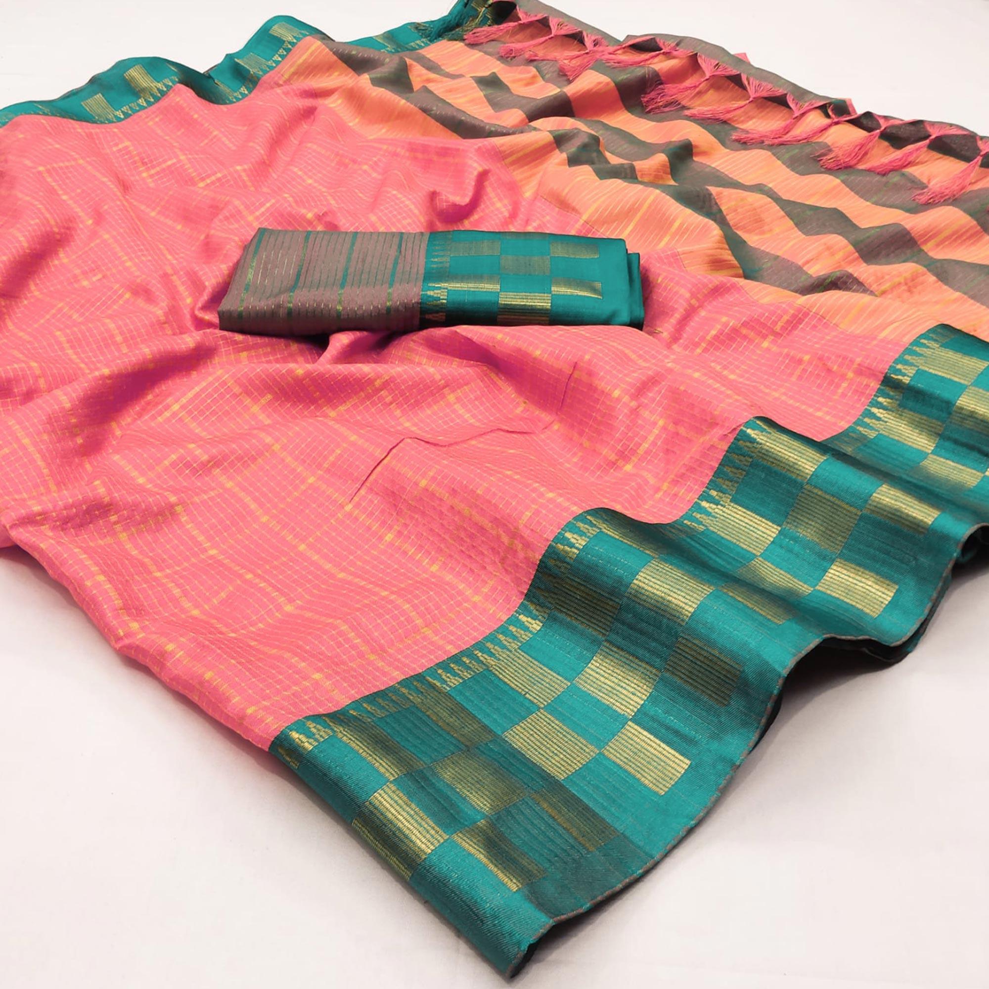 Gajari Pink Woven Cotton Silk Saree - Peachmode