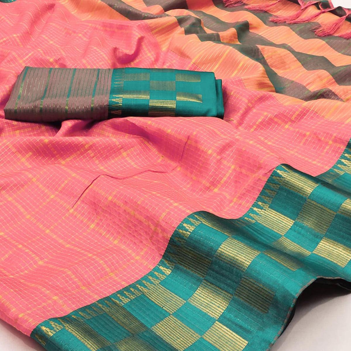 Gajari Pink Woven Cotton Silk Saree - Peachmode