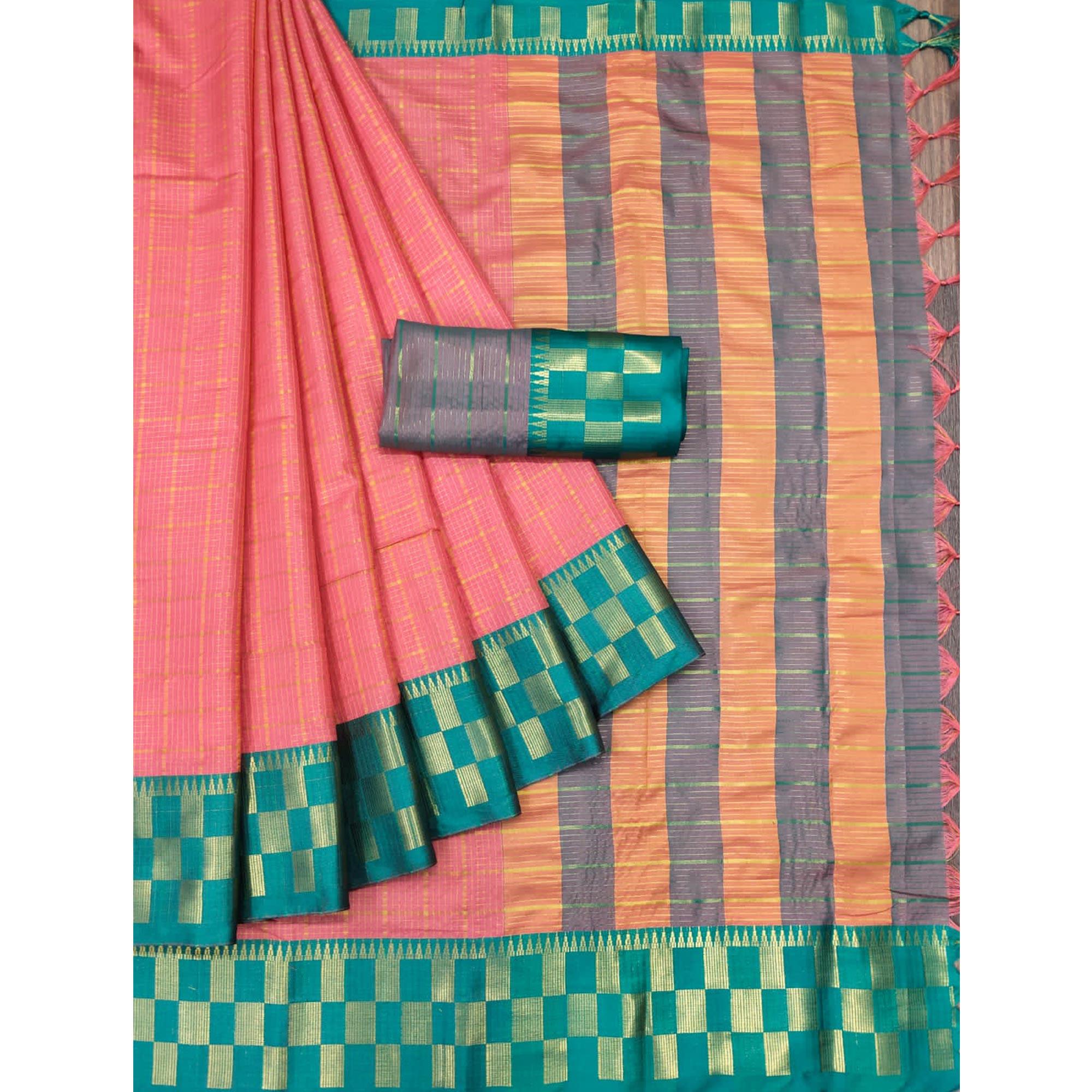 Gajari Pink Woven Cotton Silk Saree - Peachmode