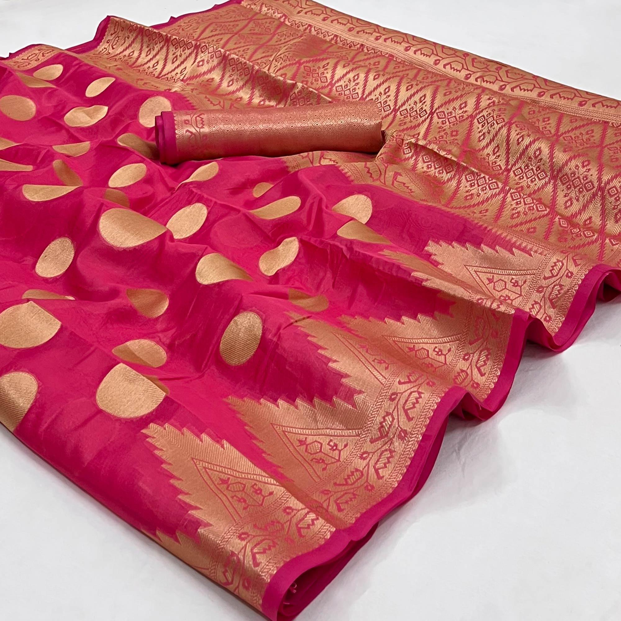 Gajari Pink Woven Organza Saree - Peachmode