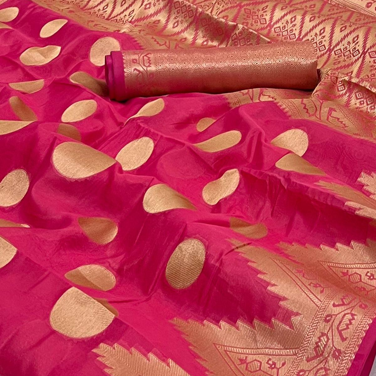 Gajari Pink Woven Organza Saree - Peachmode