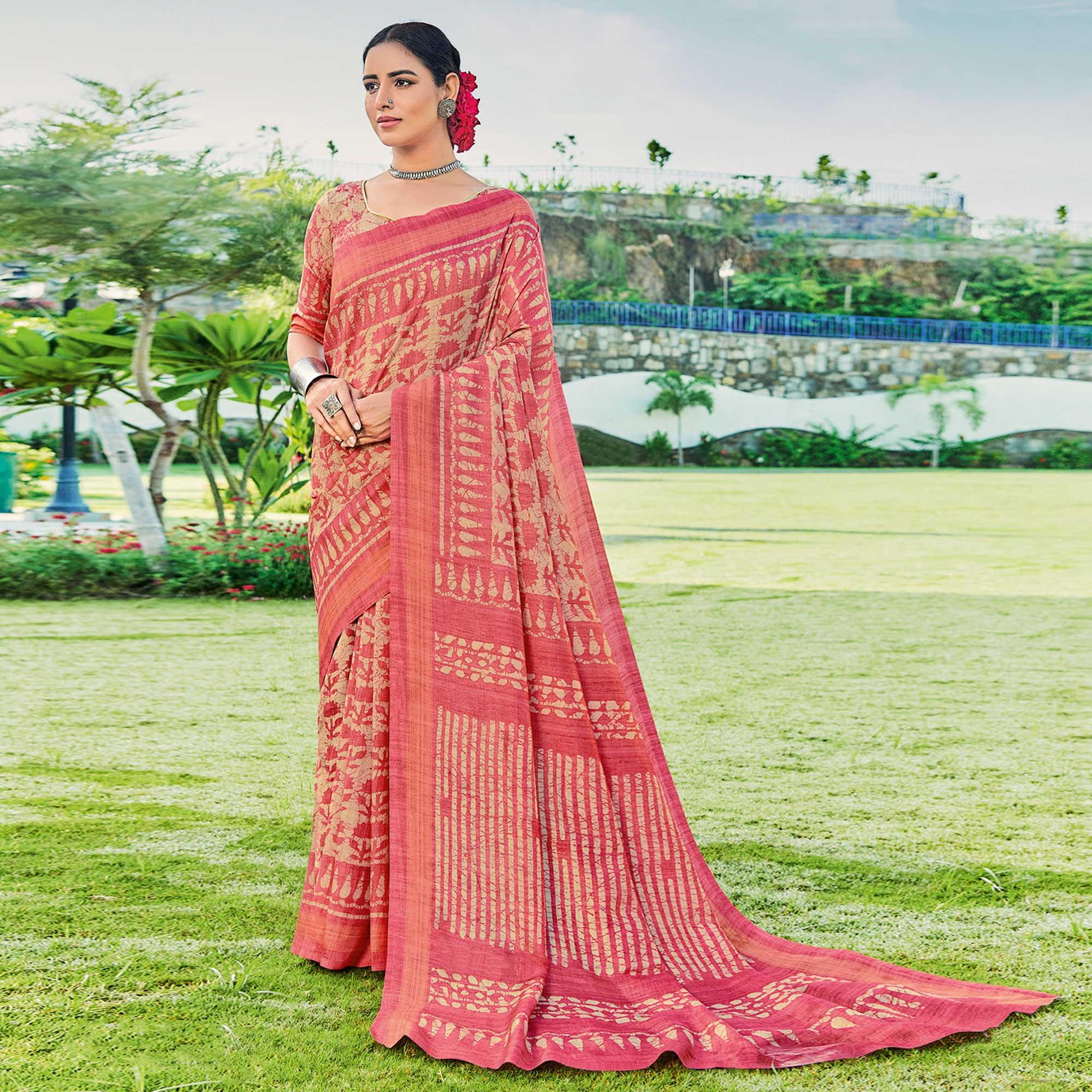Gajari Printed Cotton Silk Saree - Peachmode