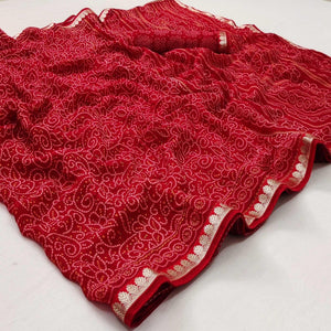 Gajari Red Casual Wear Bandhani Printed Soft Georgette Saree With Fancy Border - Peachmode