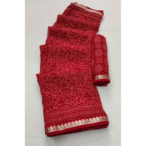 Gajari Red Casual Wear Bandhani Printed Soft Georgette Saree With Fancy Border - Peachmode