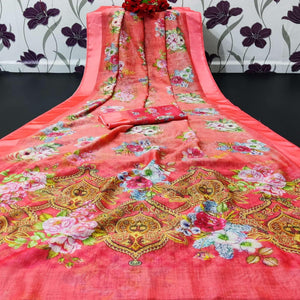 Gajari Red Casual Wear Floral Digital Printed Linen Saree With Satin Border - Peachmode