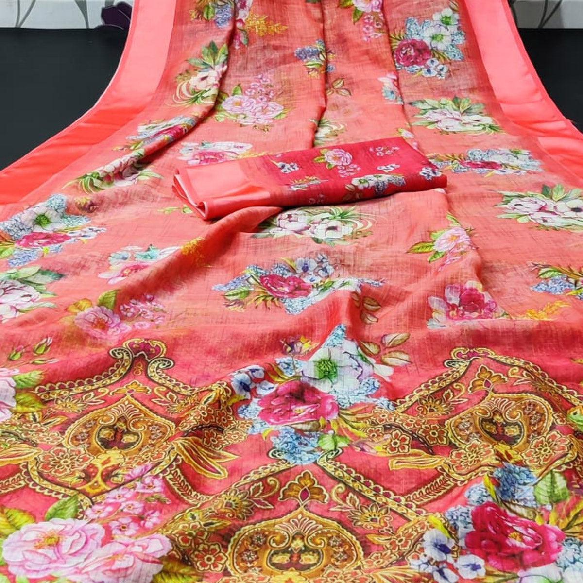 Gajari Red Casual Wear Floral Digital Printed Linen Saree With Satin Border - Peachmode