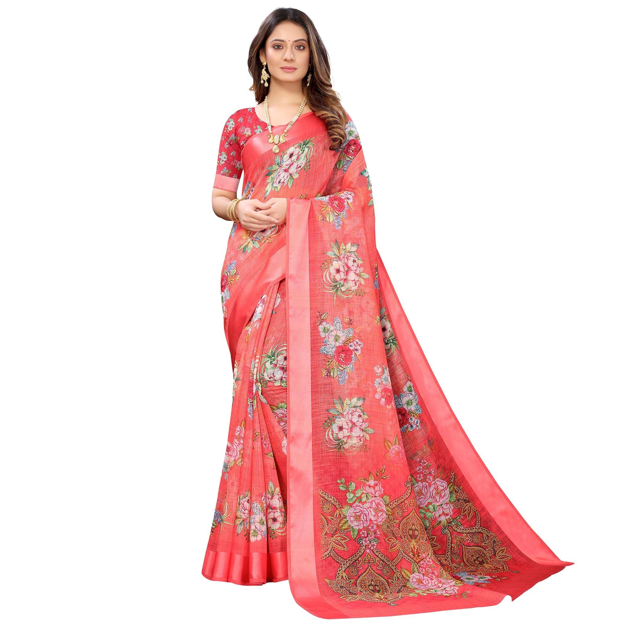 Gajari Red Casual Wear Floral Digital Printed Linen Slub saree - Peachmode