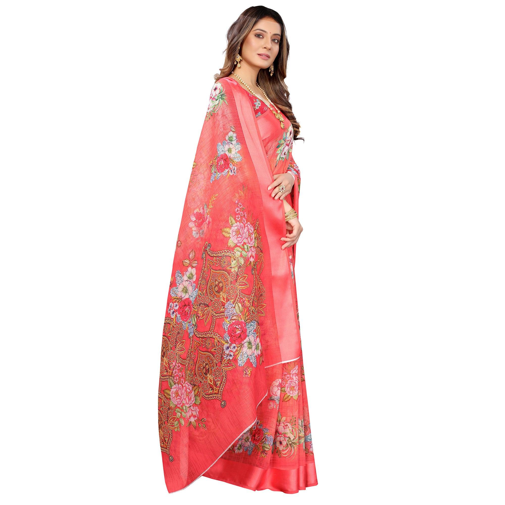 Gajari Red Casual Wear Floral Digital Printed Linen Slub saree - Peachmode