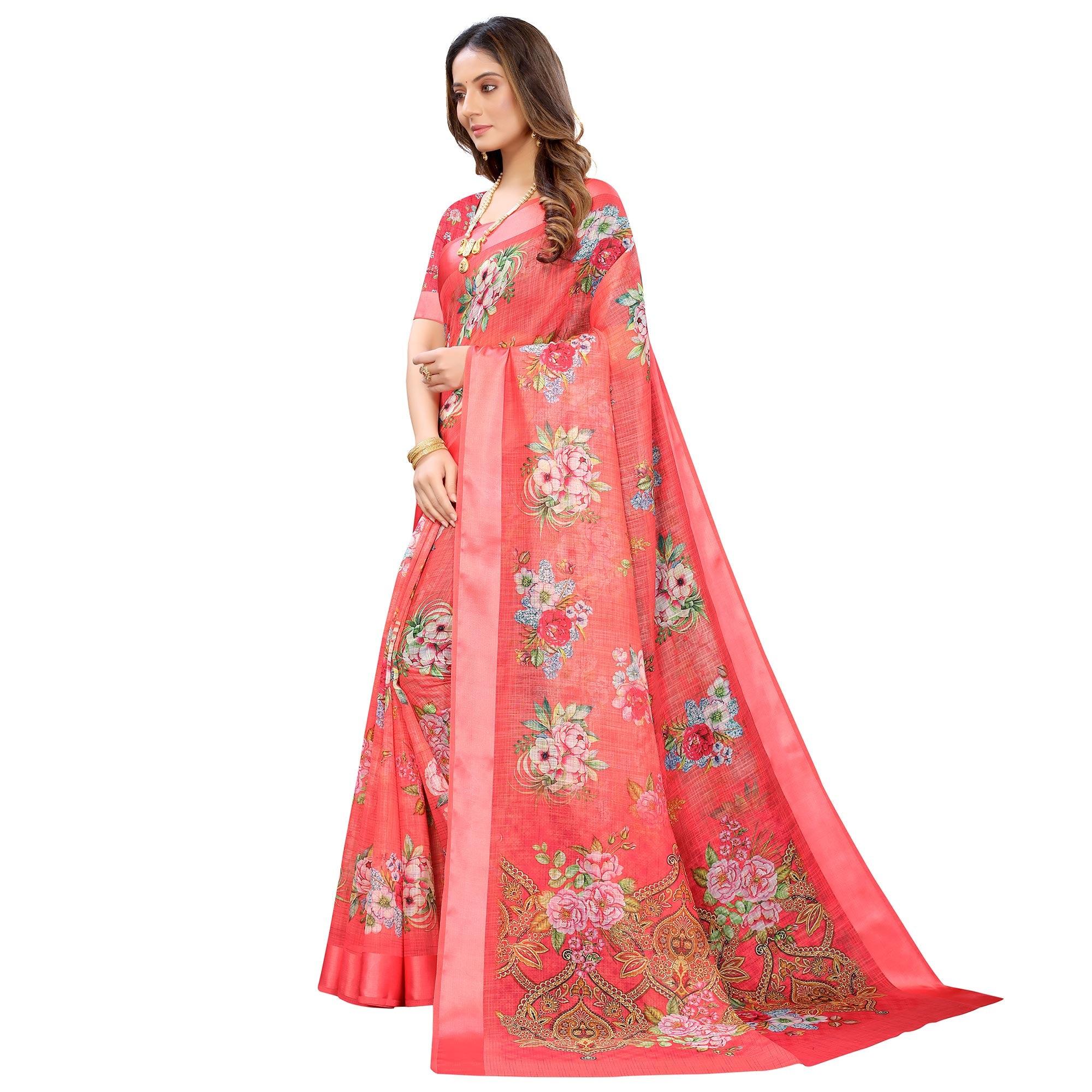 Gajari Red Casual Wear Floral Digital Printed Linen Slub saree - Peachmode