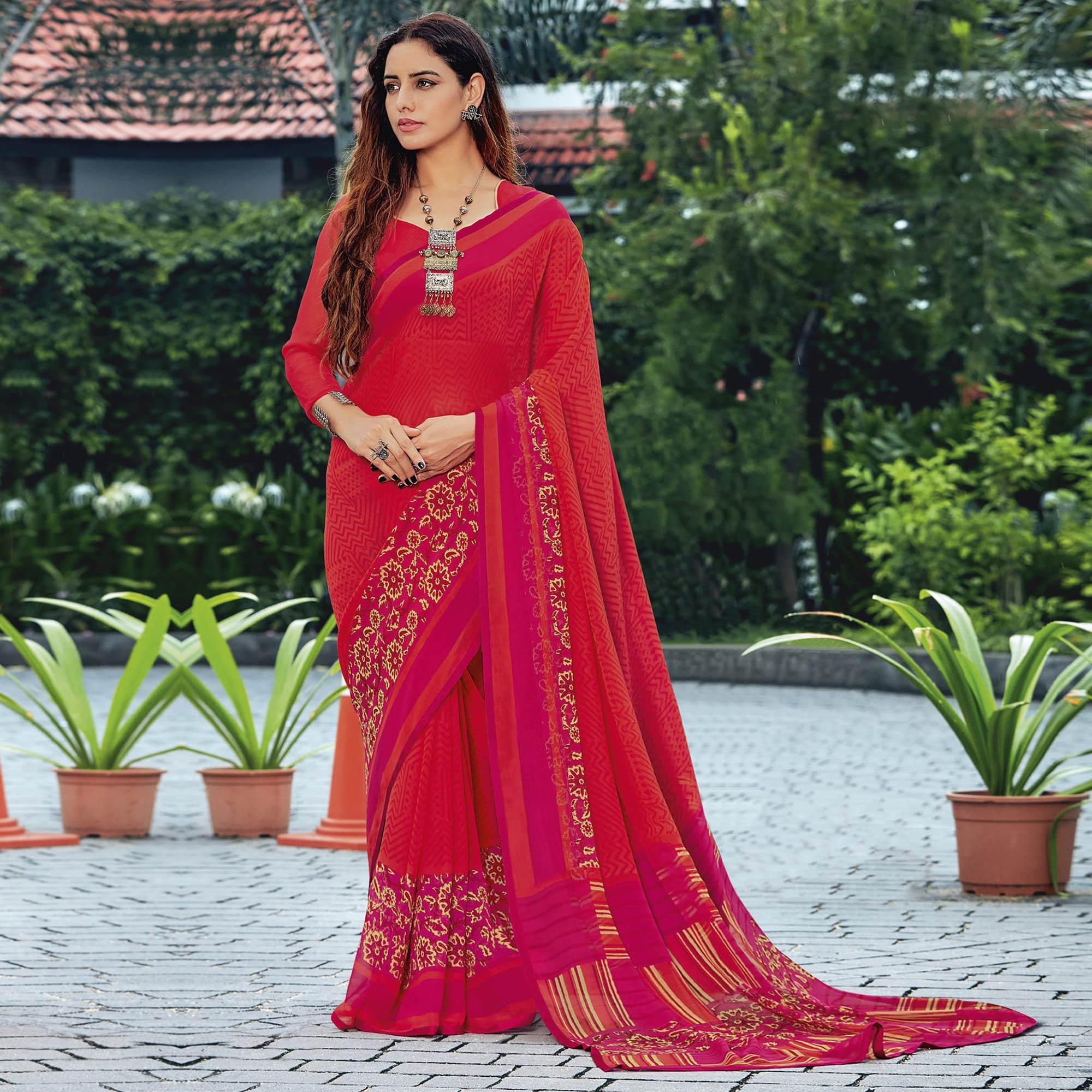 Gajari Red Casual Wear Printed Georgette Saree - Peachmode