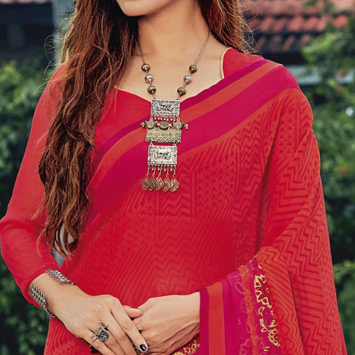 Gajari Red Casual Wear Printed Georgette Saree - Peachmode