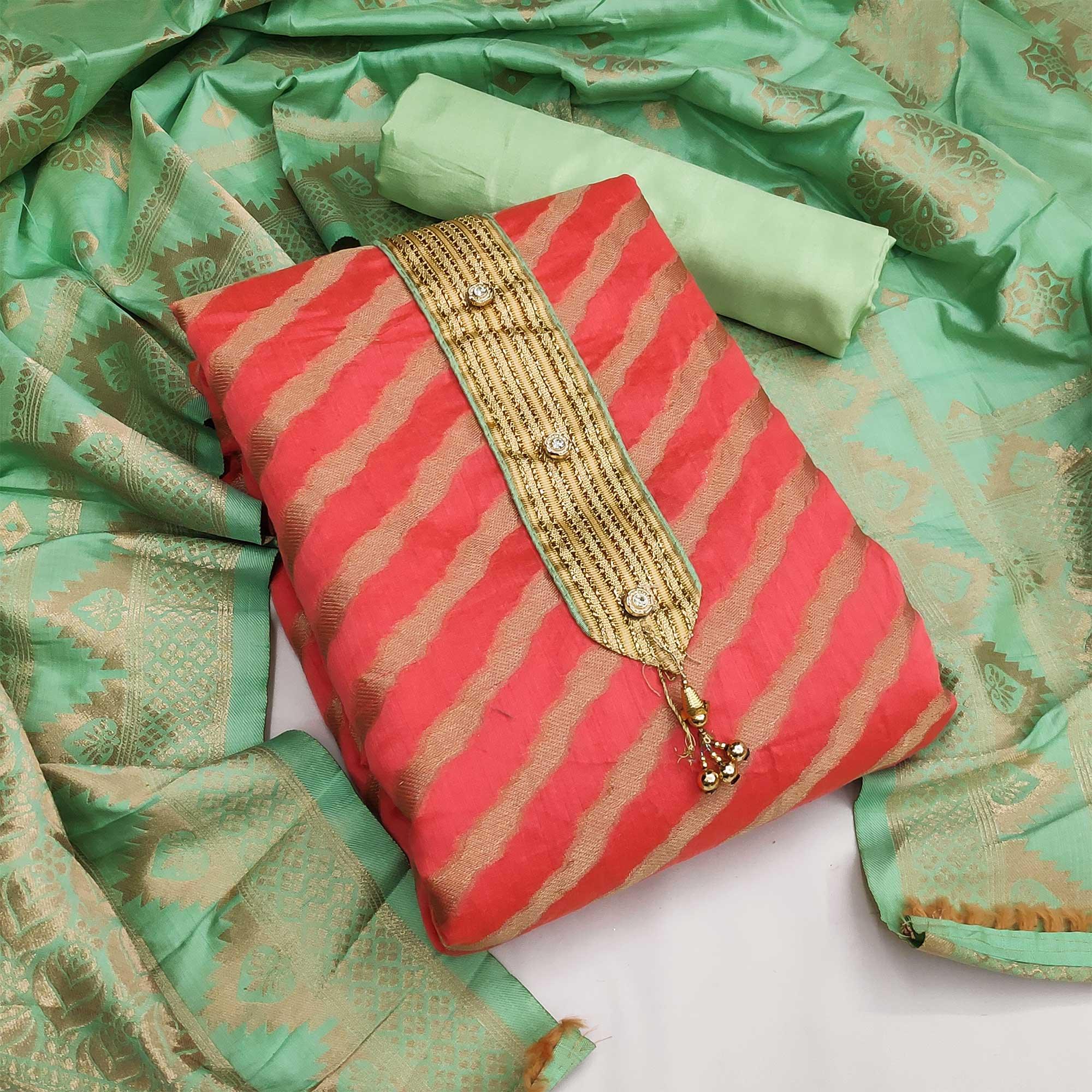 Gajari Red Festive Wear Lehriya Designer Woven Banarasi Silk Dress Material - Peachmode