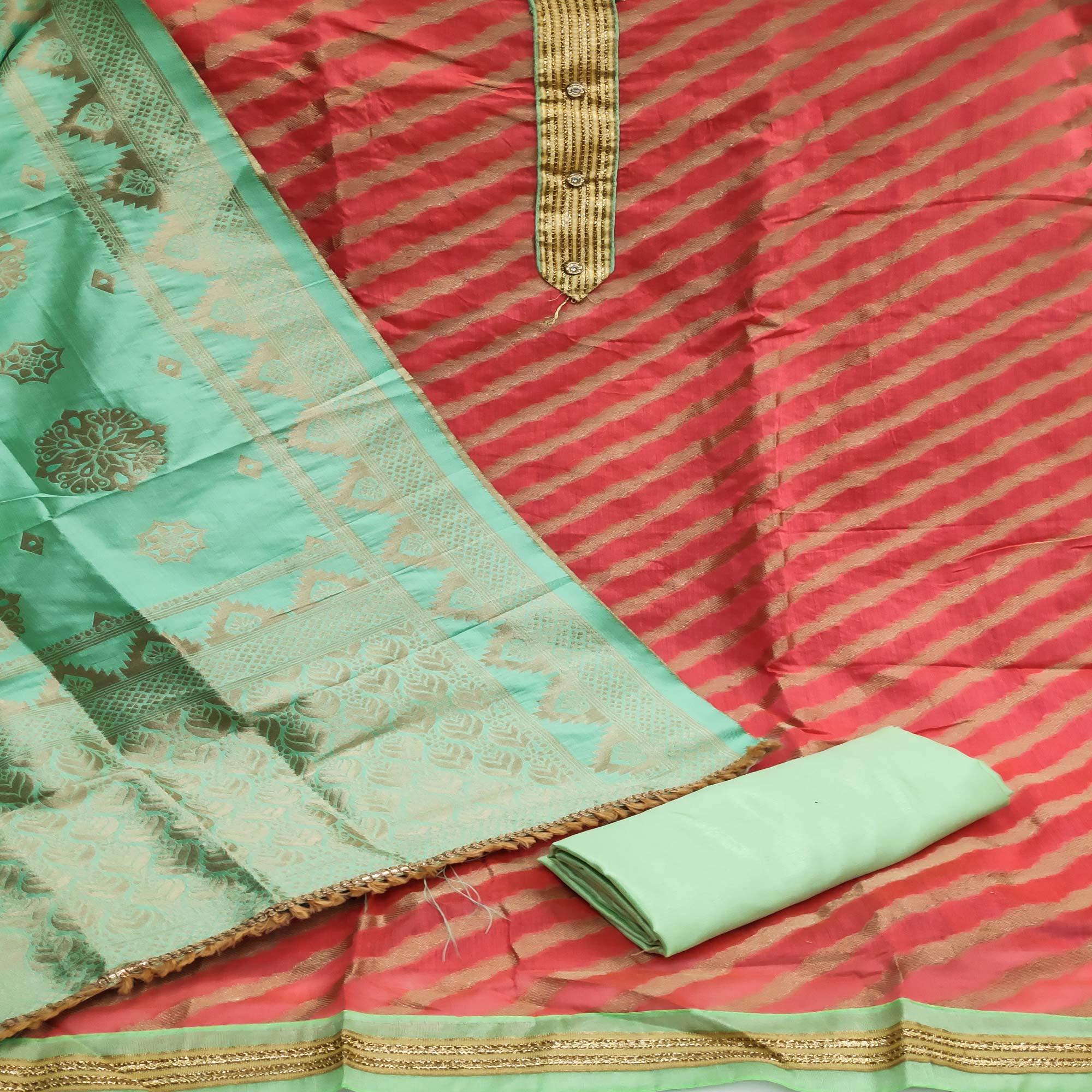 Gajari Red Festive Wear Lehriya Designer Woven Banarasi Silk Dress Material - Peachmode