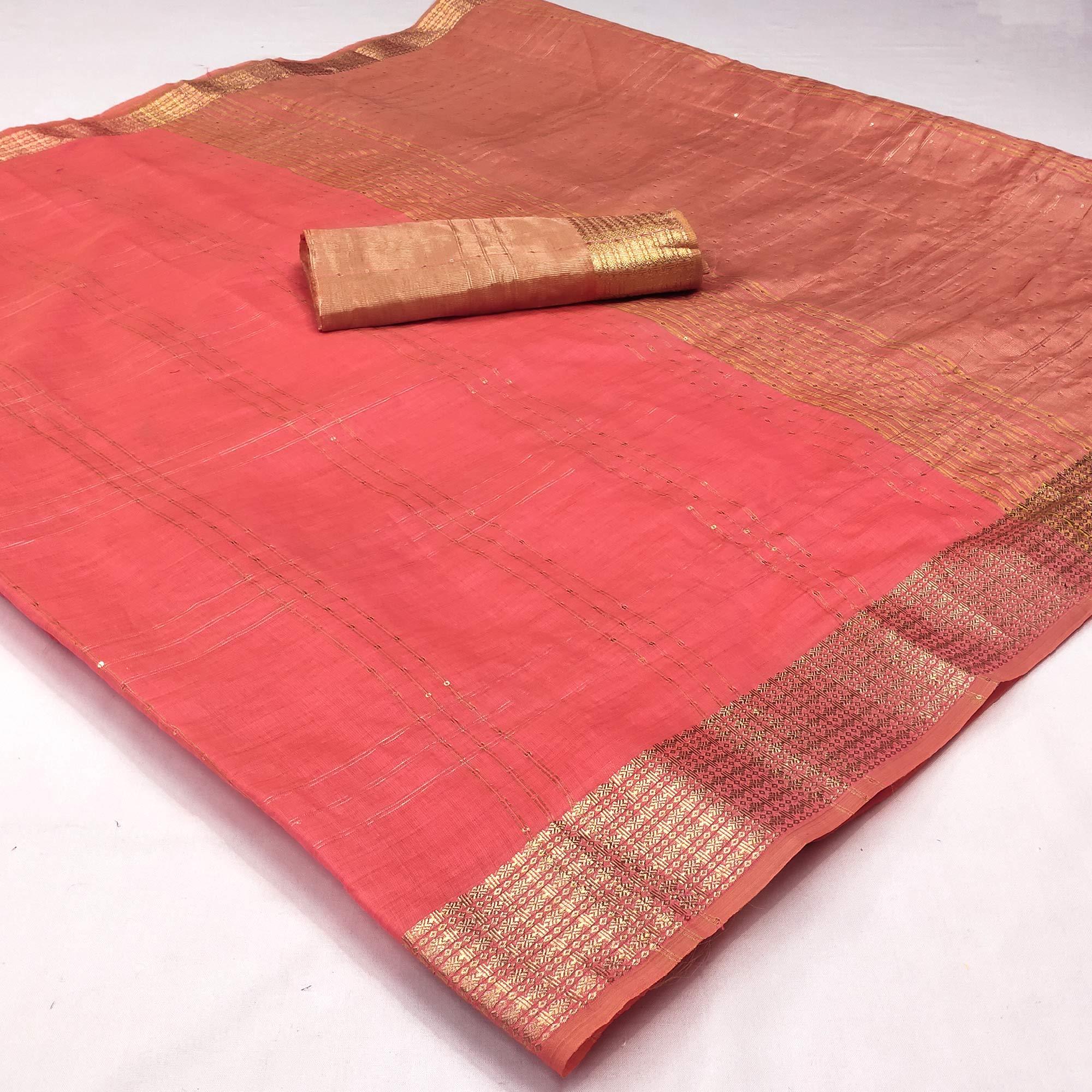 Gajari Woven-Sequins Work Chanderi Saree - Peachmode