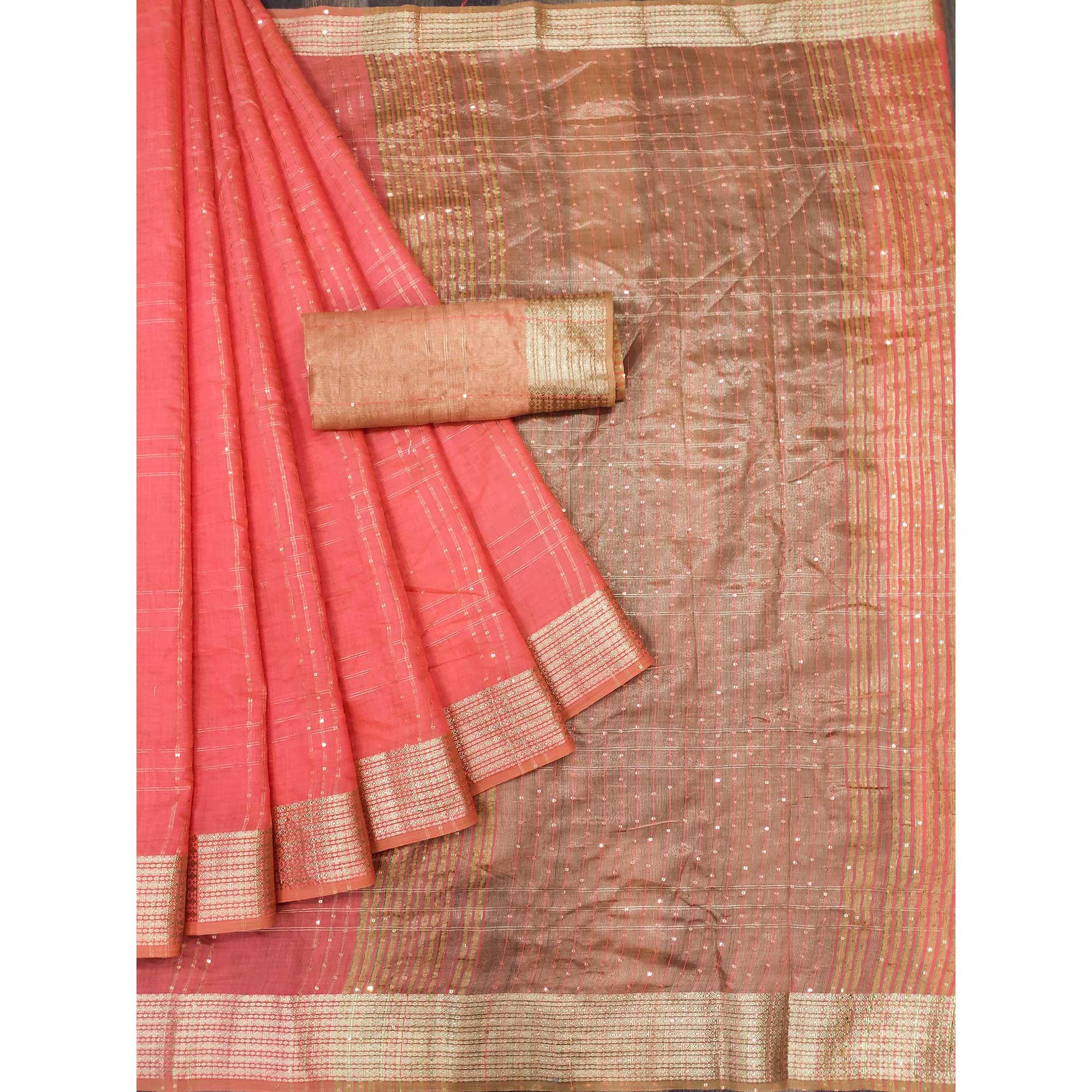 Gajari Woven-Sequins Work Chanderi Saree - Peachmode