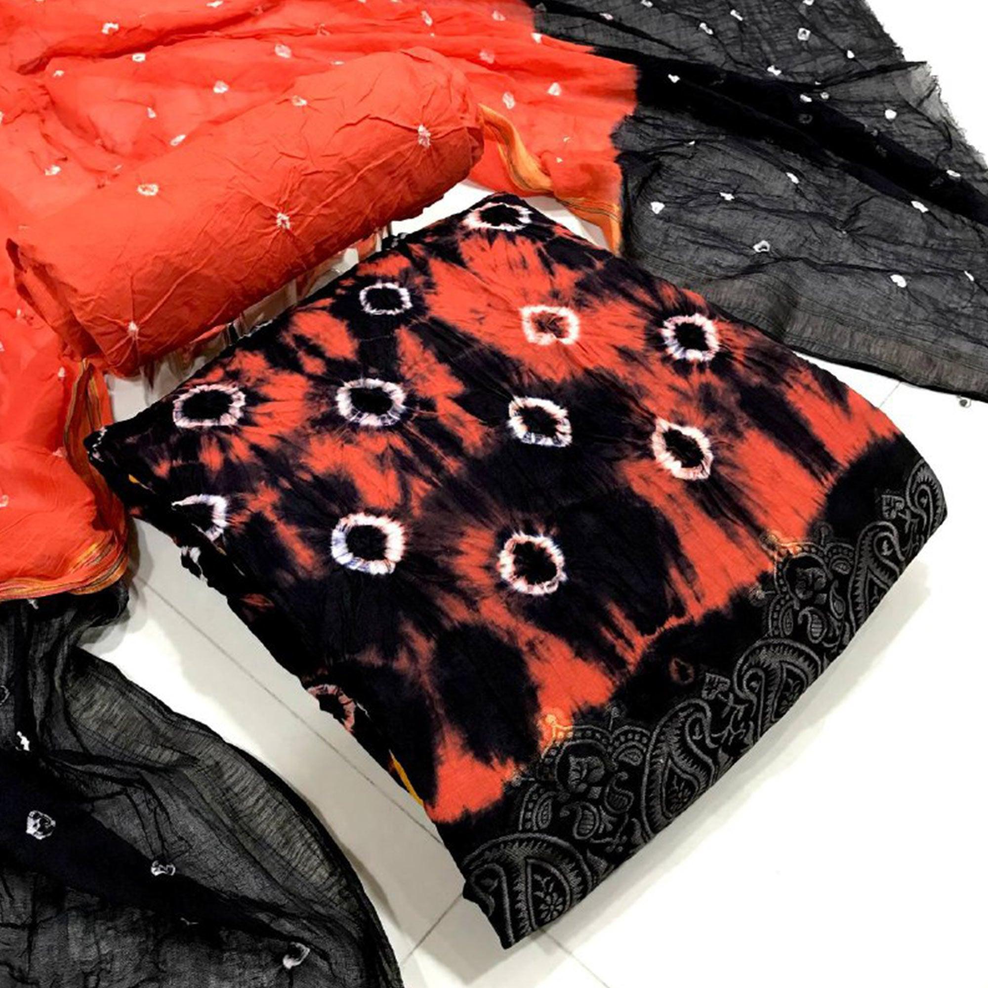 Gajri-Black Bandhani Printed Pure Cotton Dress Material - Peachmode