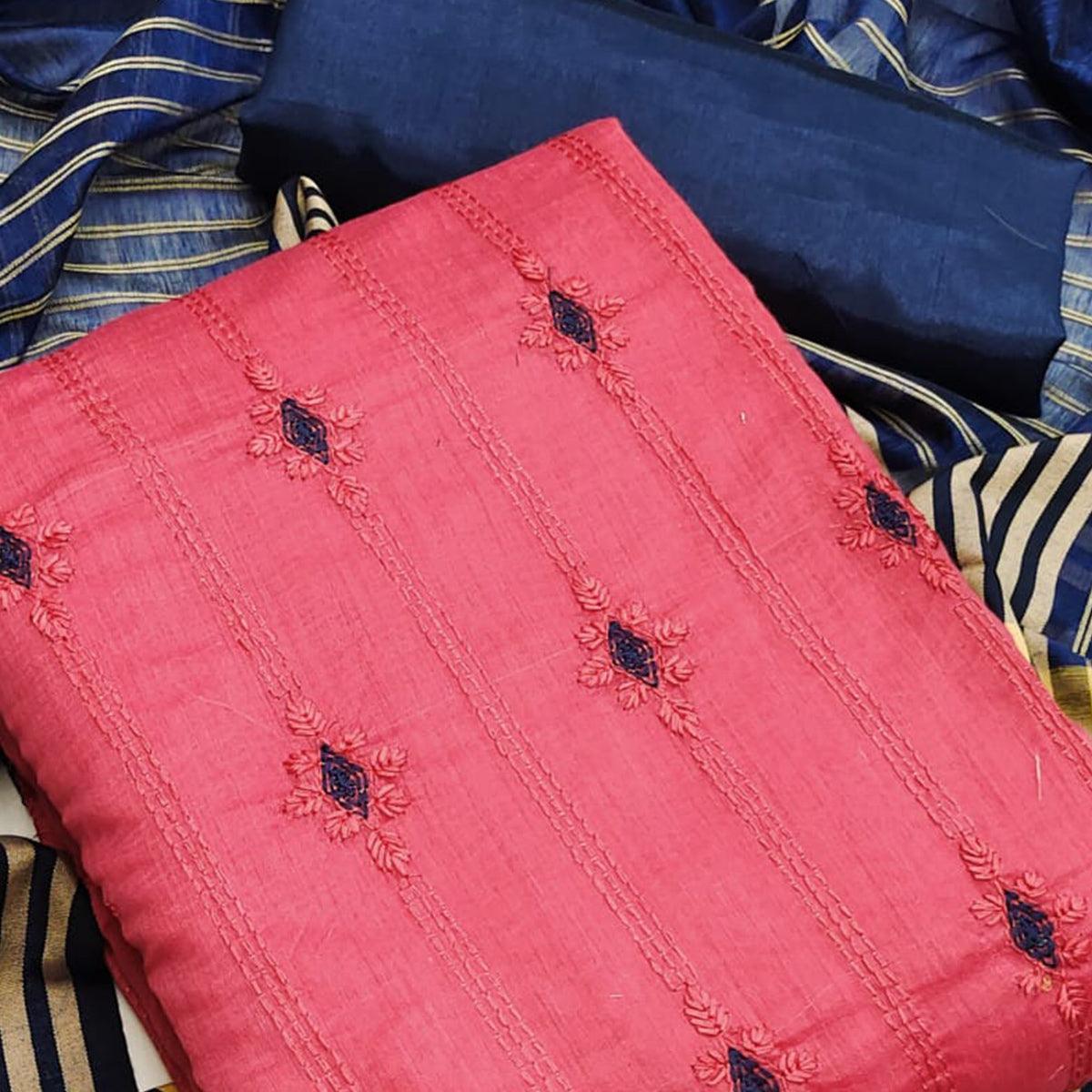 Gajri Pink Casual Wear Embroidered Chanderi Dress Material - Peachmode
