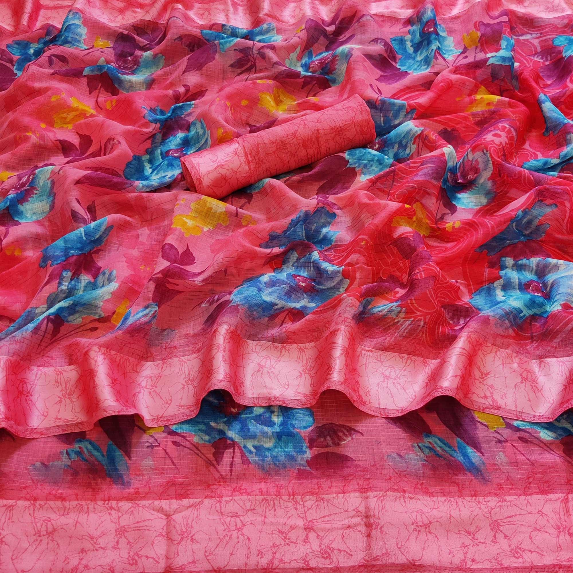 Gajri Pink Casual Wear Floral Digital Printed linen Saree - Peachmode