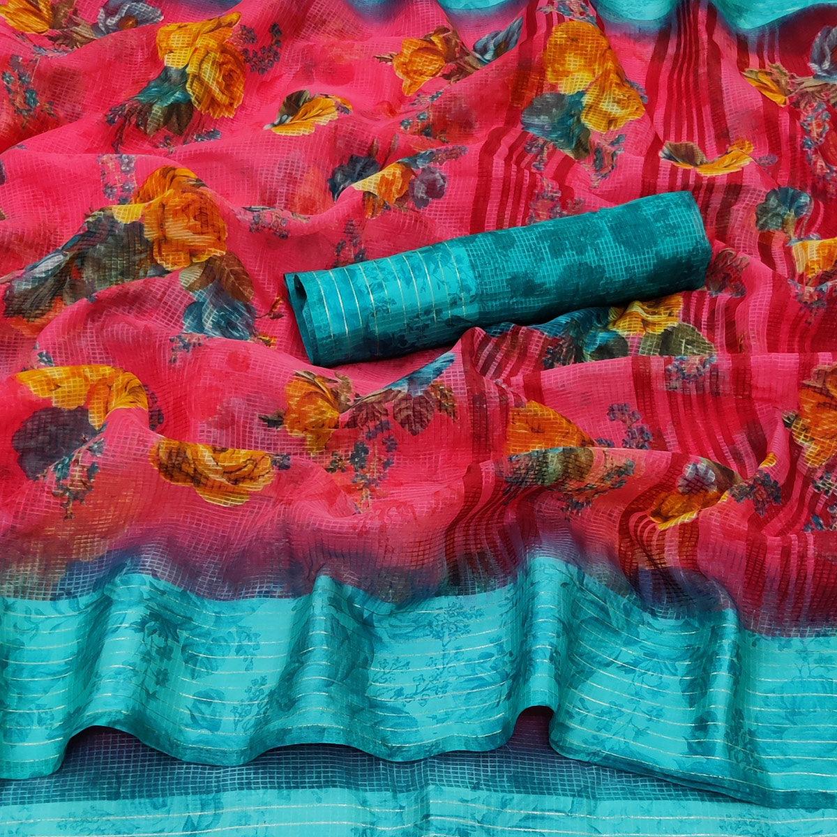 Gajri Pink Casual Wear Floral Digital Printed linen Saree - Peachmode