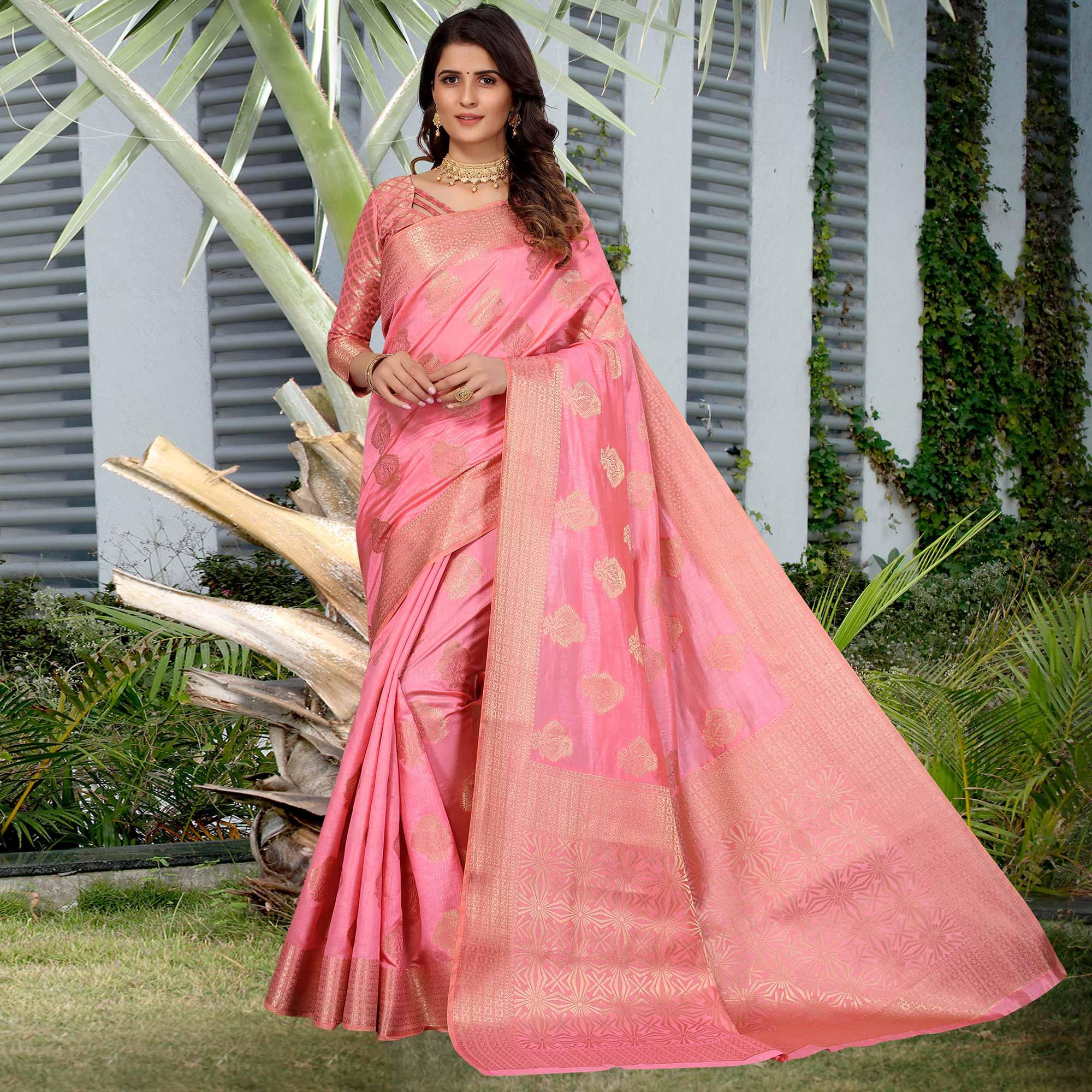 Gajri Pink Festive Wear Woven Art Silk Saree - Peachmode