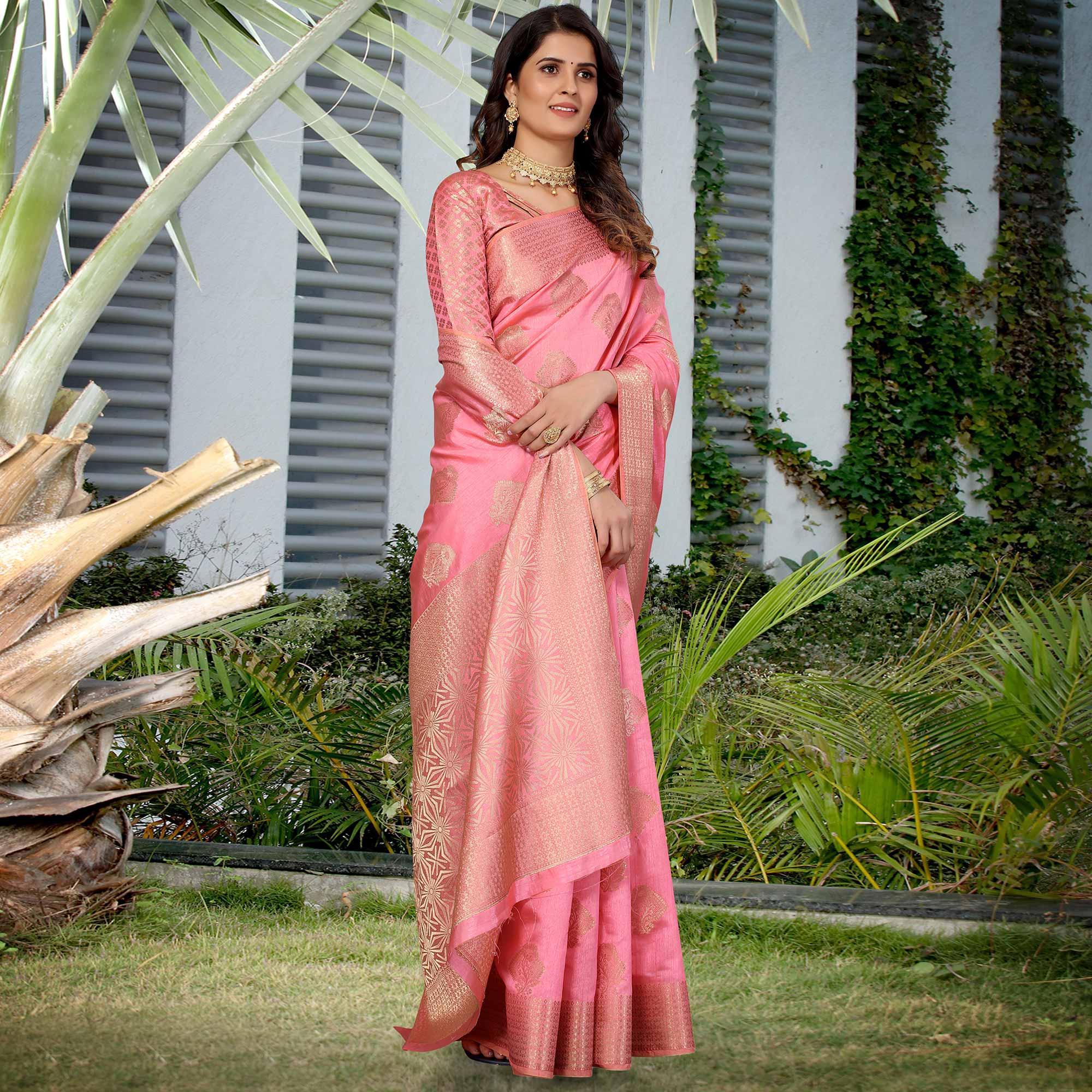 Gajri Pink Festive Wear Woven Art Silk Saree - Peachmode