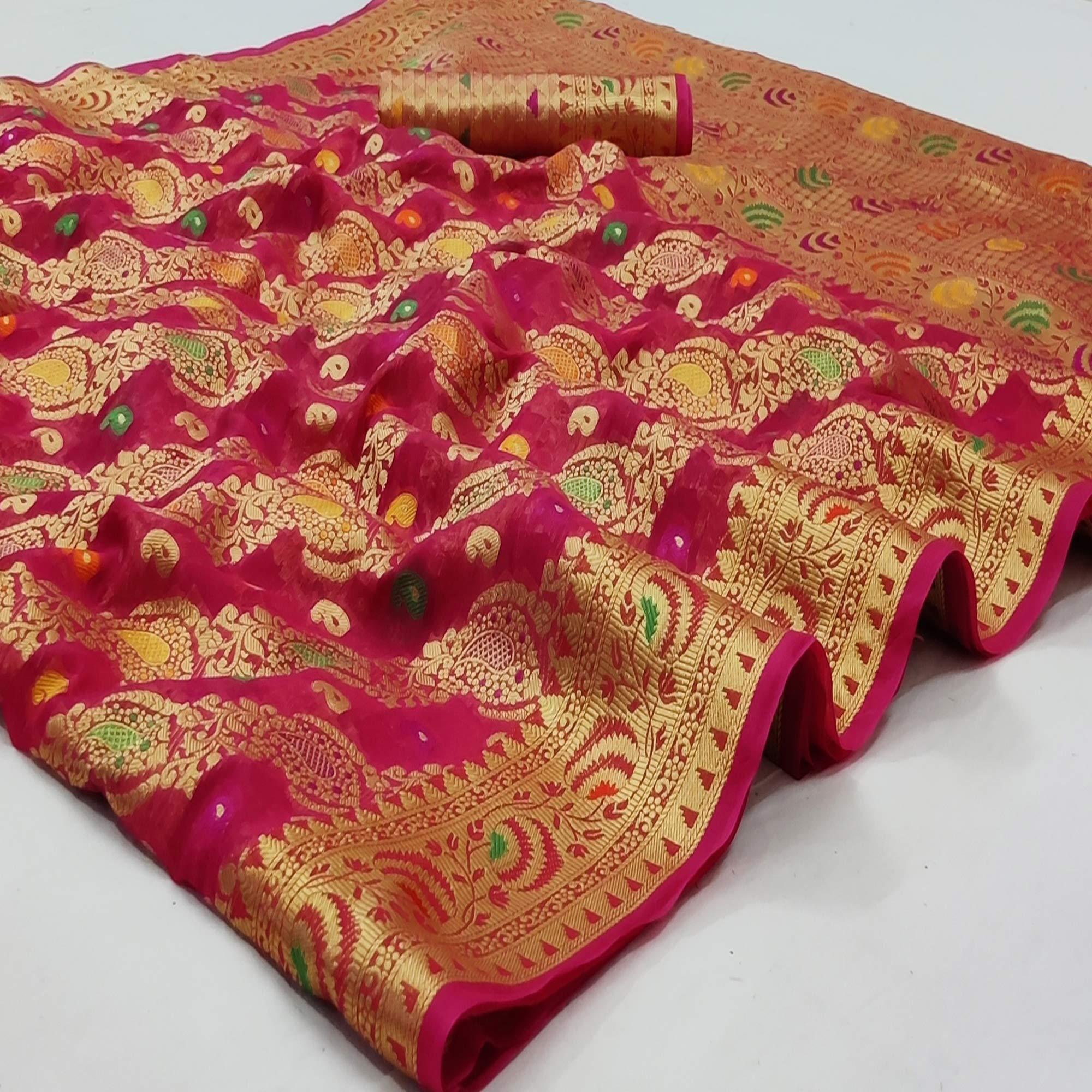 Gajri Pink Festive Wear Woven Organza Saree - Peachmode
