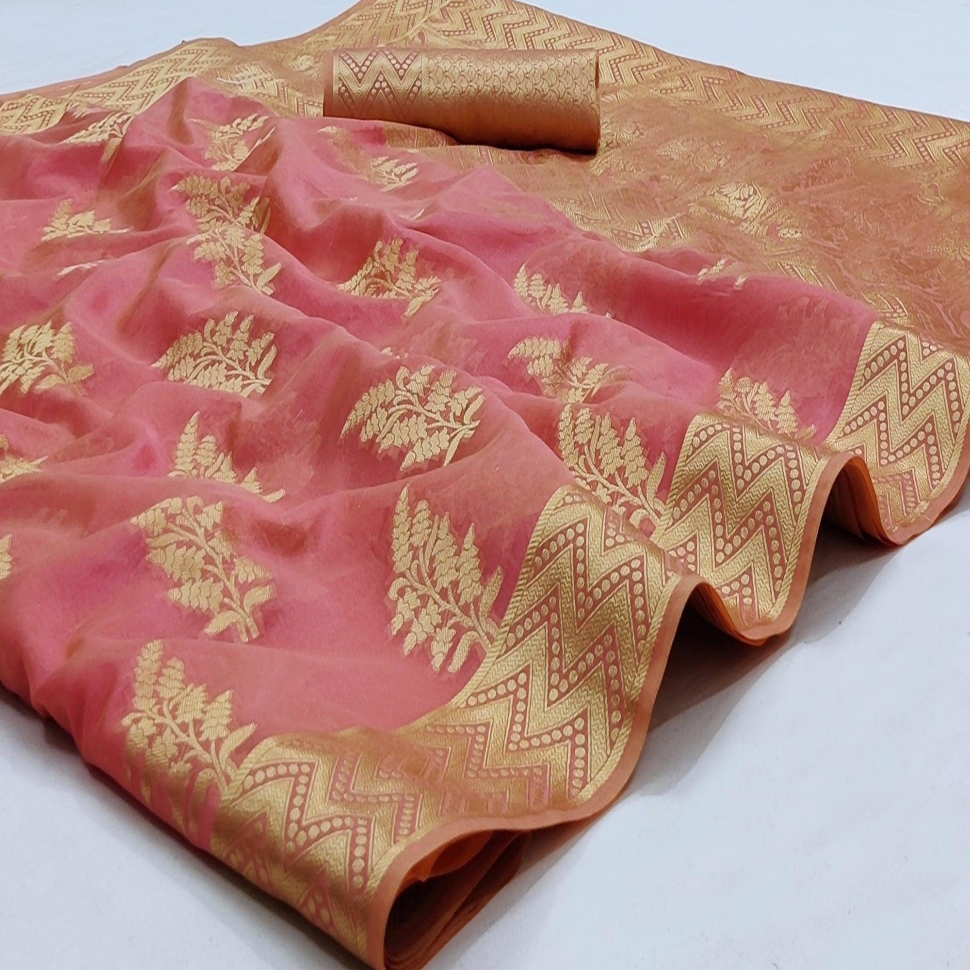 Gajri Pink Festive Wear Woven Soft Organza Saree - Peachmode