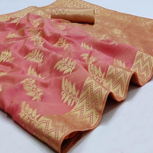 Gajri Pink Festive Wear Woven Soft Organza Saree - Peachmode