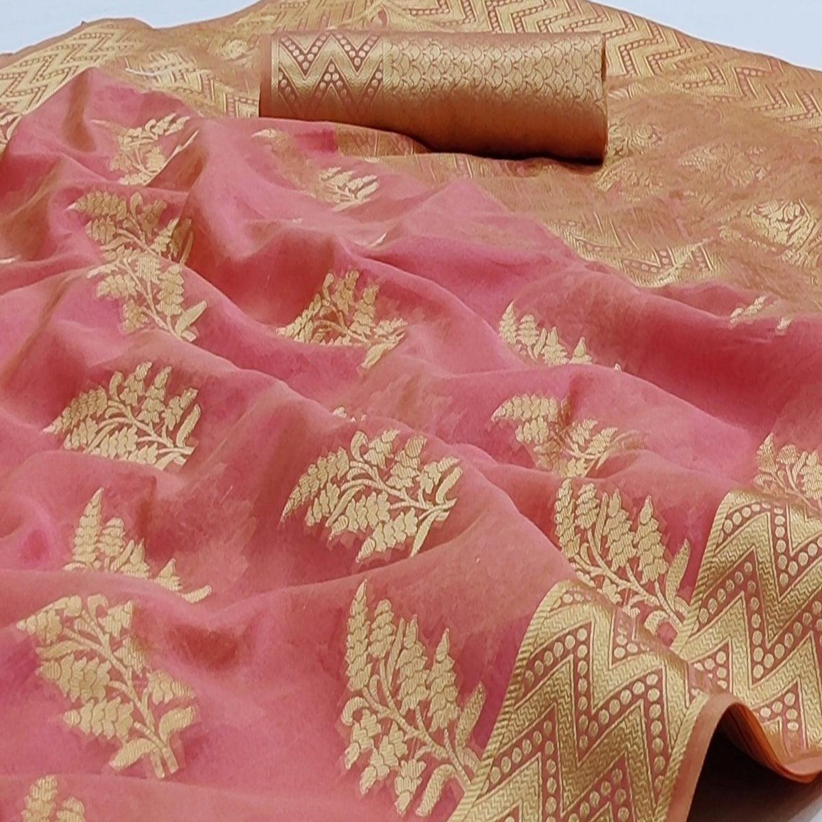 Gajri Pink Festive Wear Woven Soft Organza Saree - Peachmode