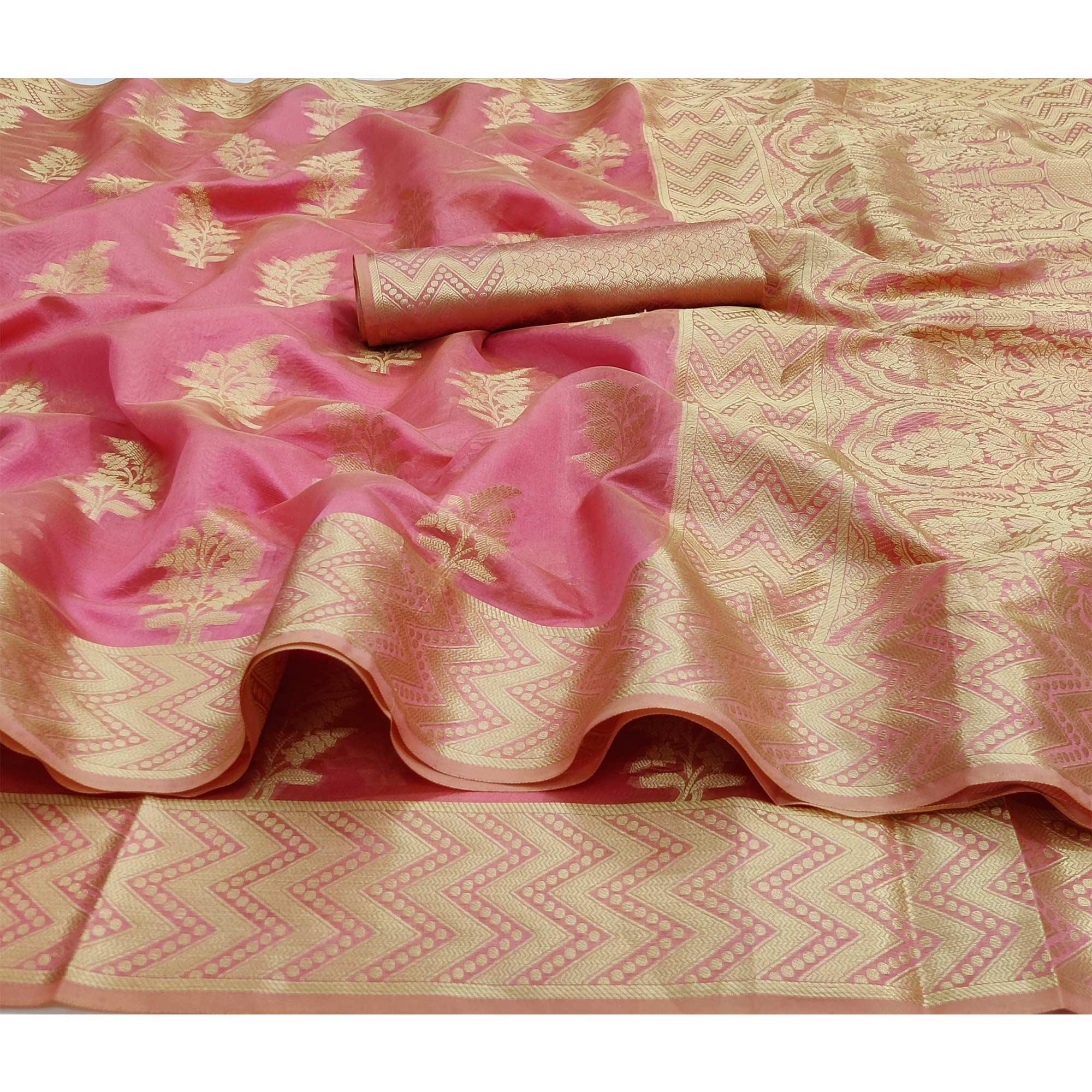 Gajri Pink Festive Wear Woven Soft Organza Saree - Peachmode