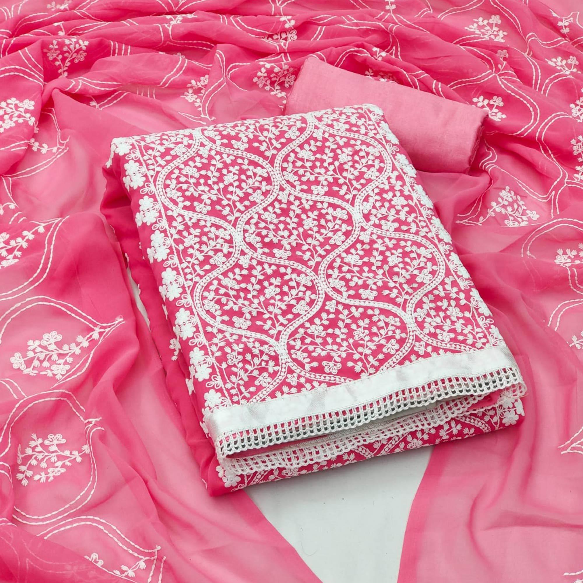 Gajri Pink Floral Embroidered Georgette Dress Material - Peachmode