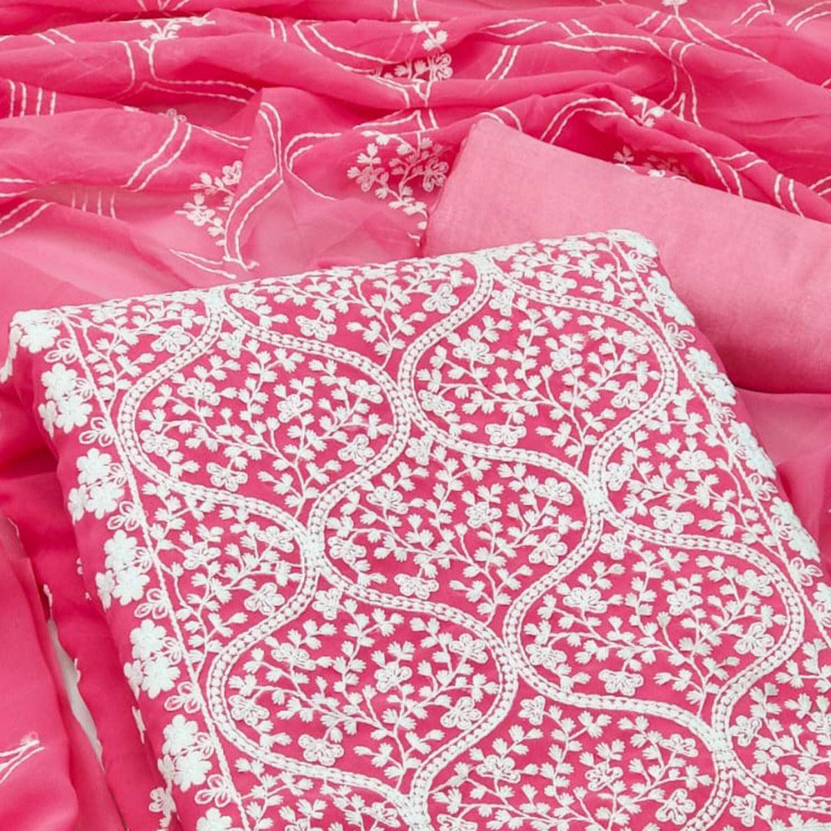 Gajri Pink Floral Embroidered Georgette Dress Material - Peachmode