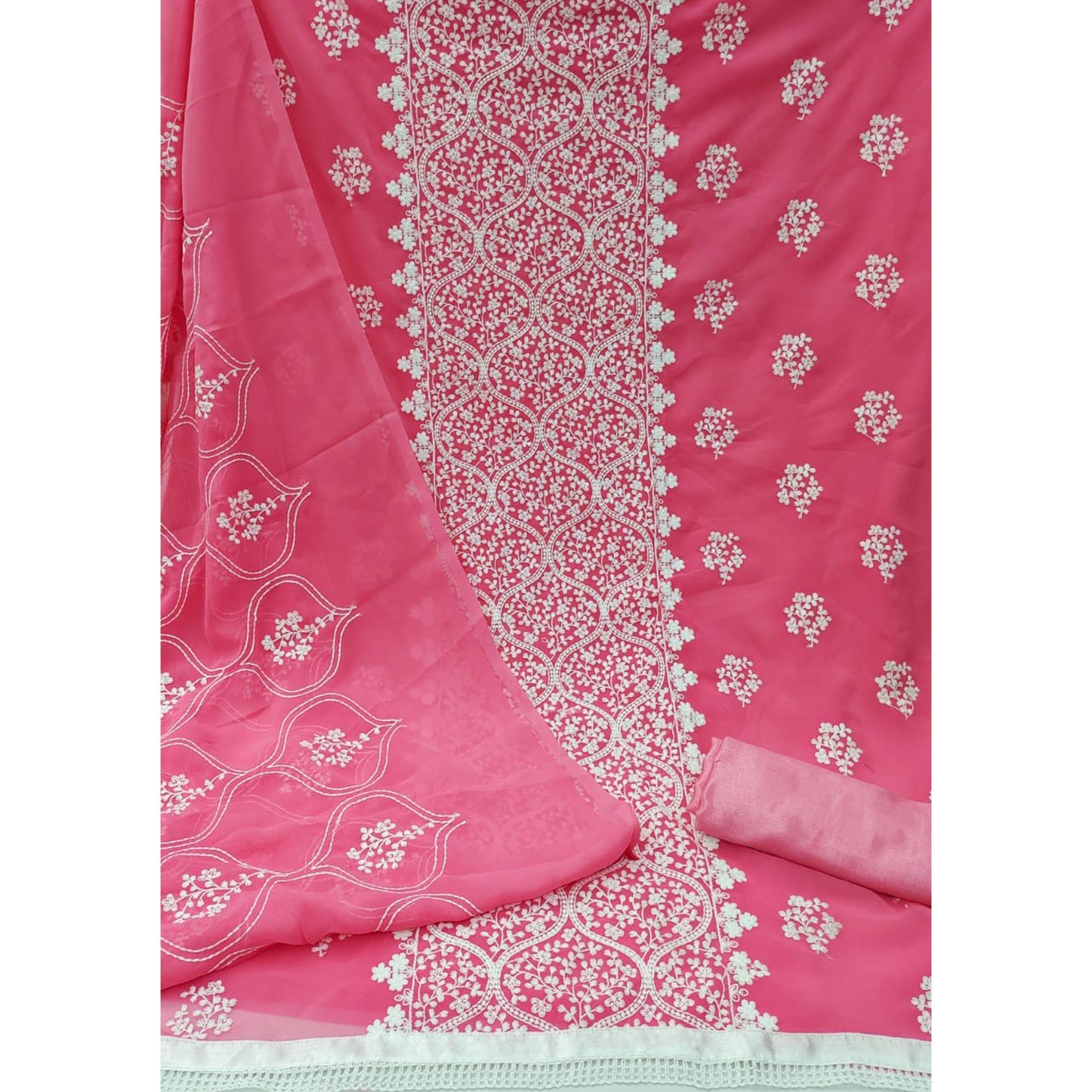 Gajri Pink Floral Embroidered Georgette Dress Material - Peachmode