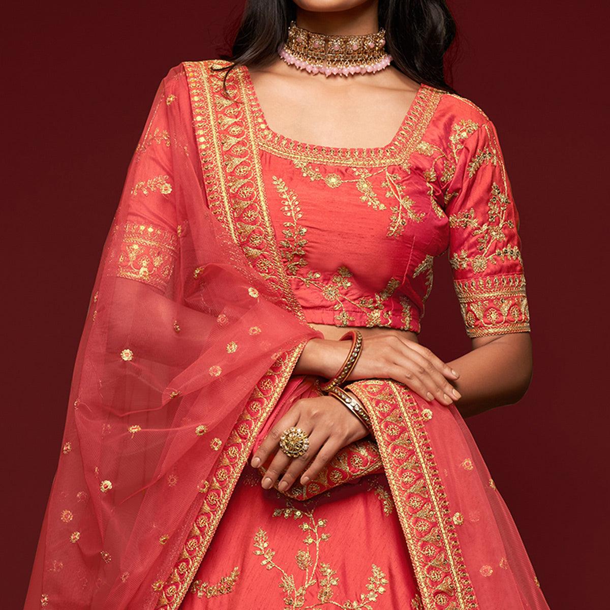 Gajri Pink Wedding Floral Sequins Embroidered Art Silk Lehenga Choli - Peachmode