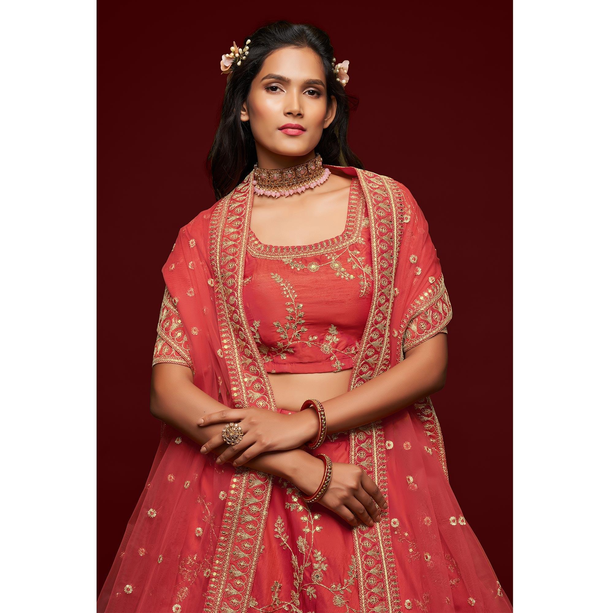 Gajri Pink Wedding Floral Sequins Embroidered Art Silk Lehenga Choli - Peachmode