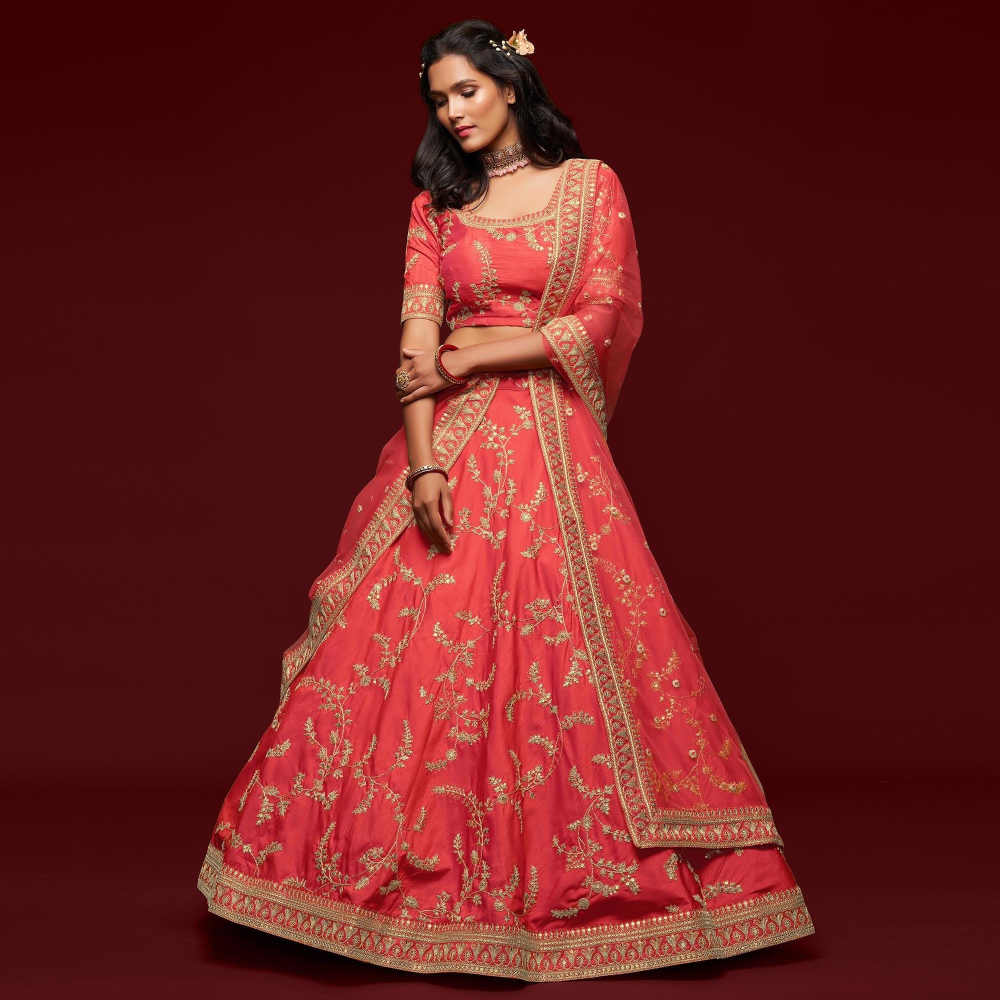 Gajri Pink Wedding Floral Sequins Embroidered Art Silk Lehenga Choli - Peachmode