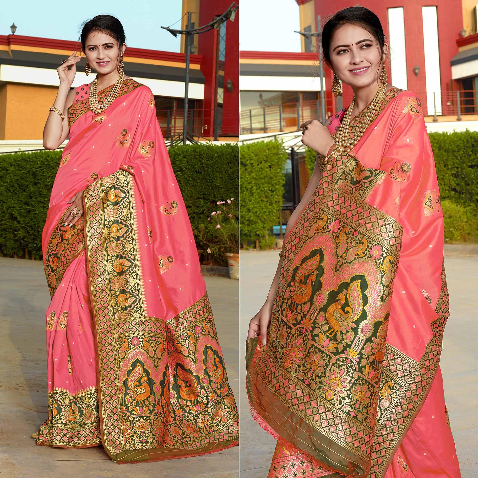 Gajri Pink Woven Banarasi Silk Saree - Peachmode