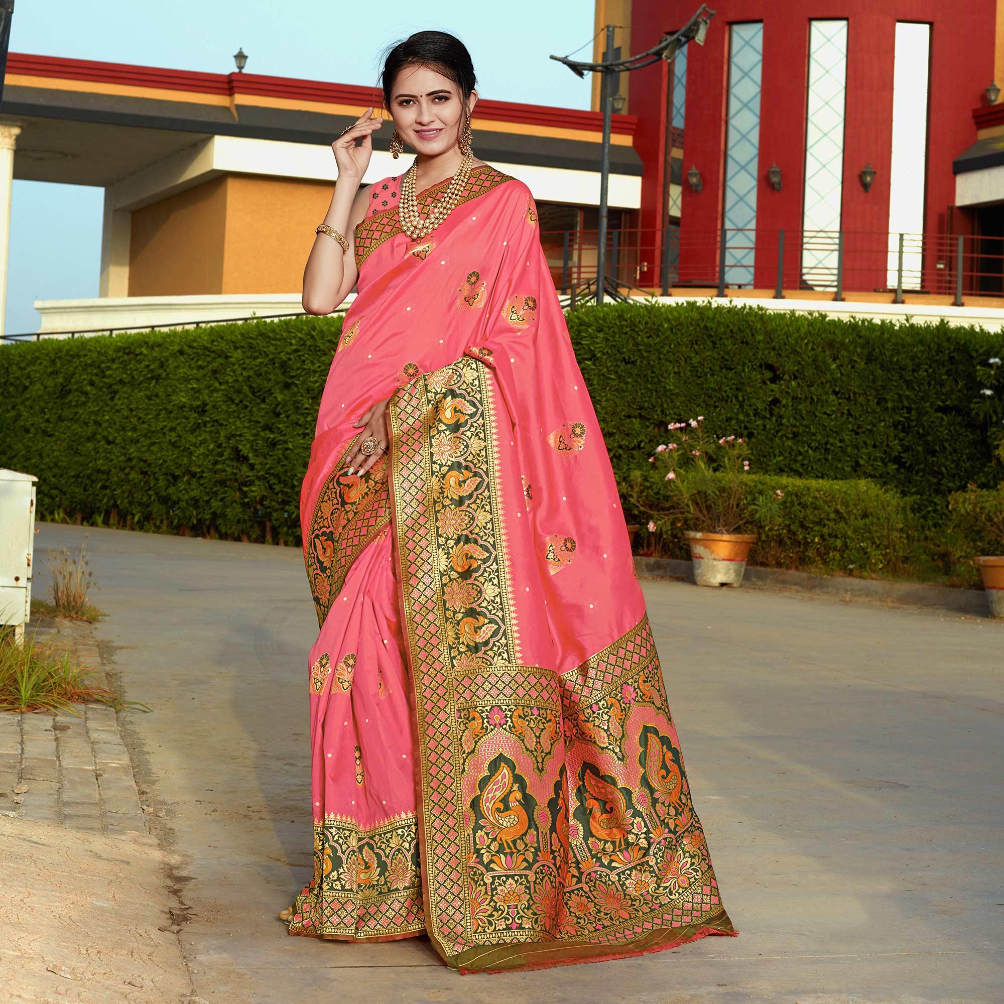 Gajri Pink Woven Banarasi Silk Saree - Peachmode